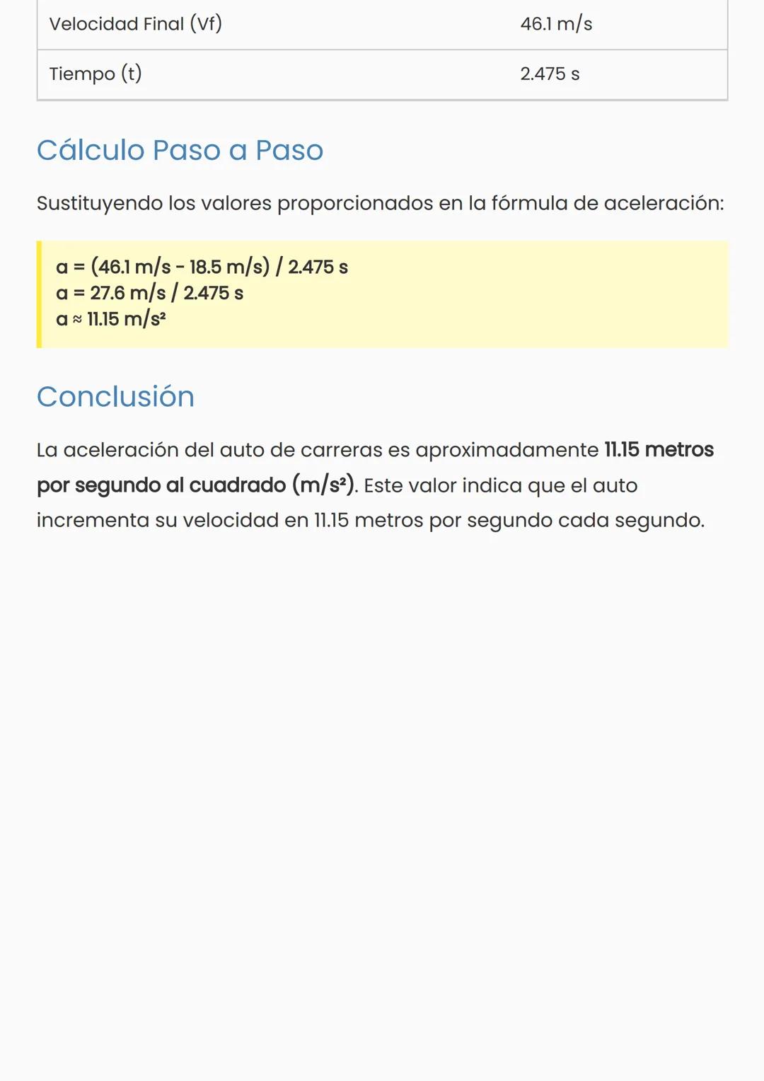 Cálculo de Aceleración de un Auto
Introducción
de Carreras
El cálculo de la aceleración es fundamental en la física para entender
cómo cambi