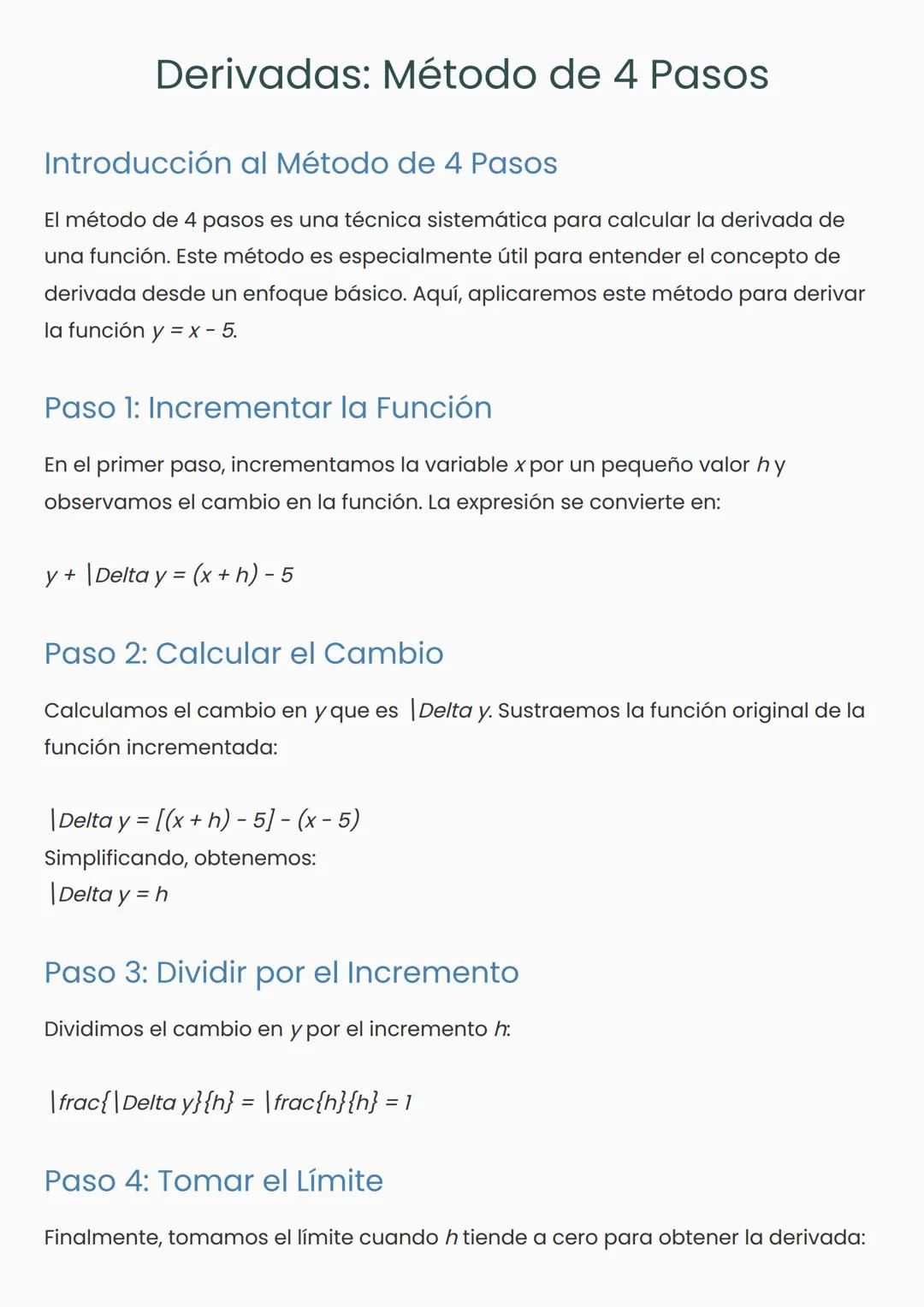 # Derivadas: Método de 4 Pasos
Introducción al Método de 4 Pasos
El método de 4 pasos es una técnica sistemática para calcular la derivada