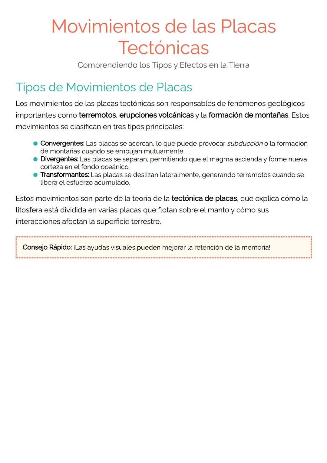 # Movimientos de las Placas
Tectónicas
Comprendiendo los Tipos y Efectos en la Tierra
## Tipos de Movimientos de Placas
Los movimientos de