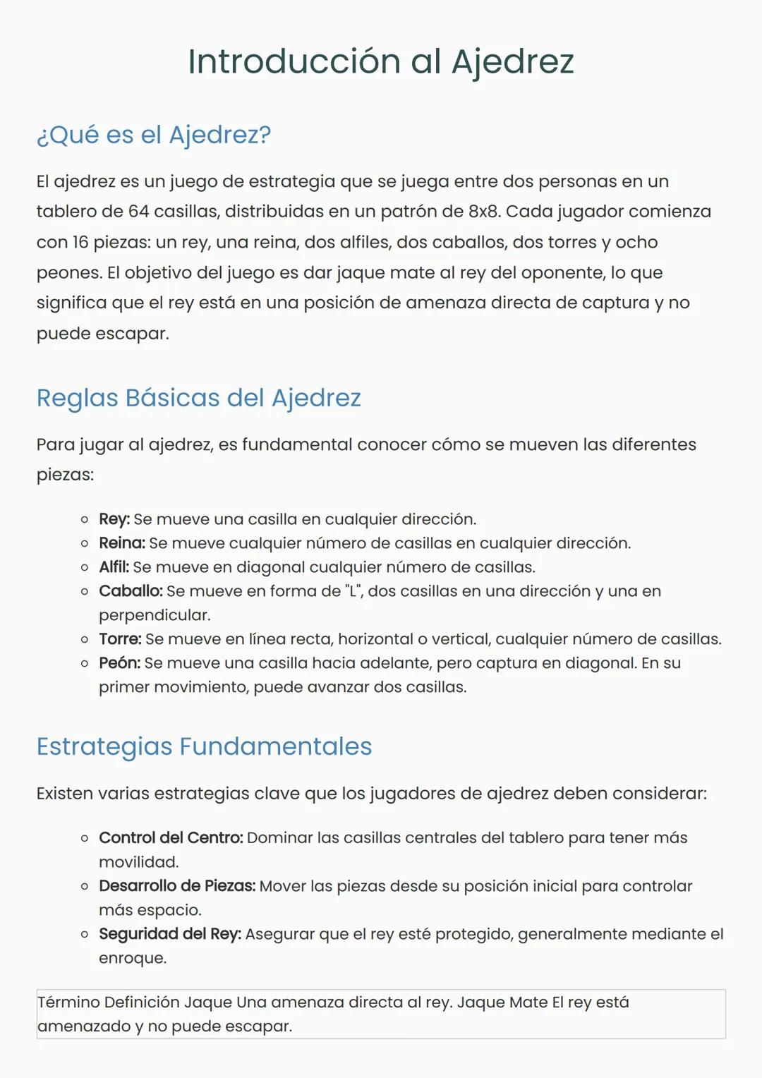# Introducción al Ajedrez
## ¿Qué es el Ajedrez?
El ajedrez es un juego de estrategia que se juega entre dos personas en un
tablero de 64