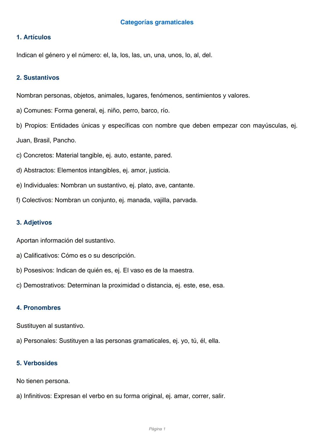 Categorías gramaticales
1. Artículos
Indican el género y el número: el, la, los, las, un, una, unos, lo, al, del.
2. Sustantivos
Nombran per