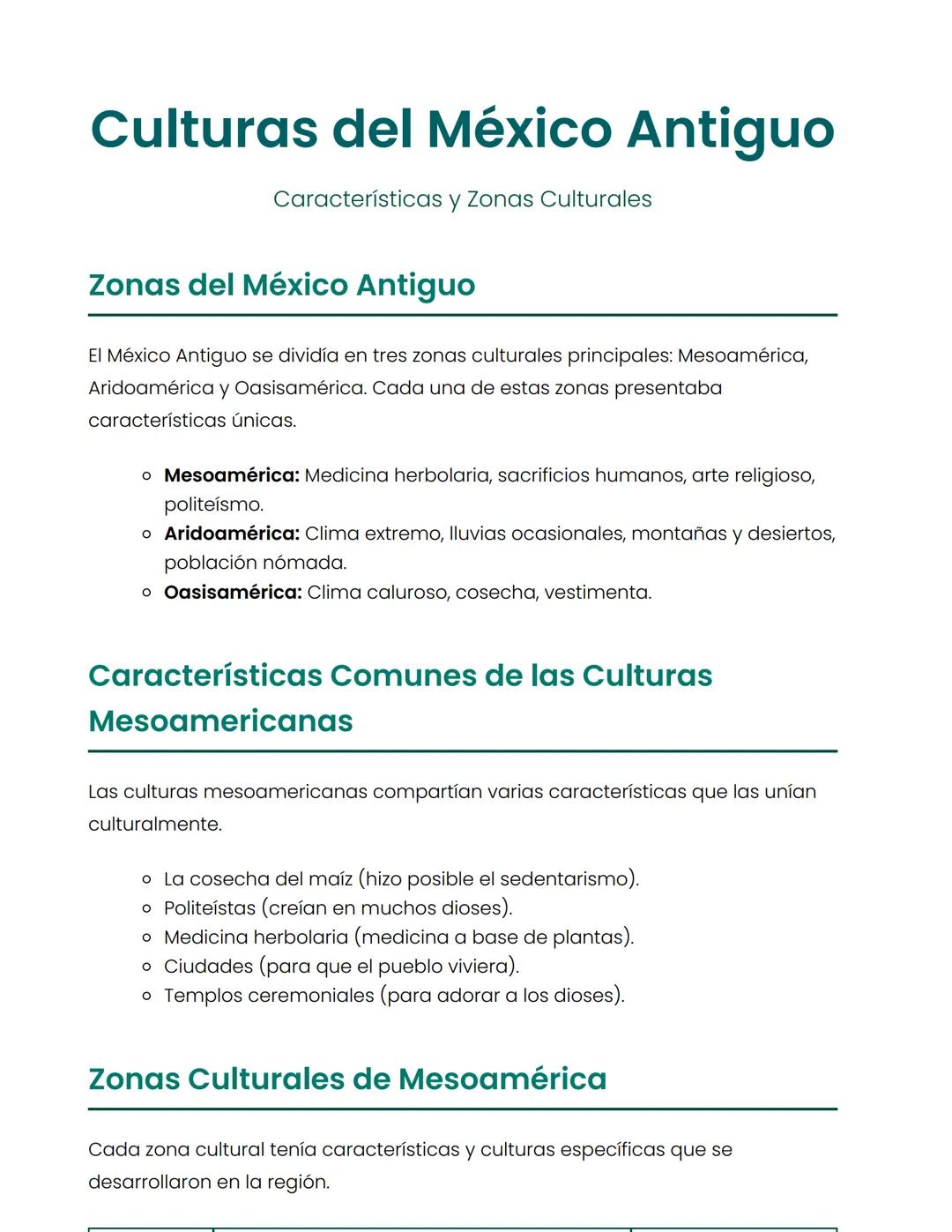 # Culturas del México Antiguo
Características y Zonas Culturales
## Zonas del México Antiguo
El México Antiguo se dividía en tres zonas c