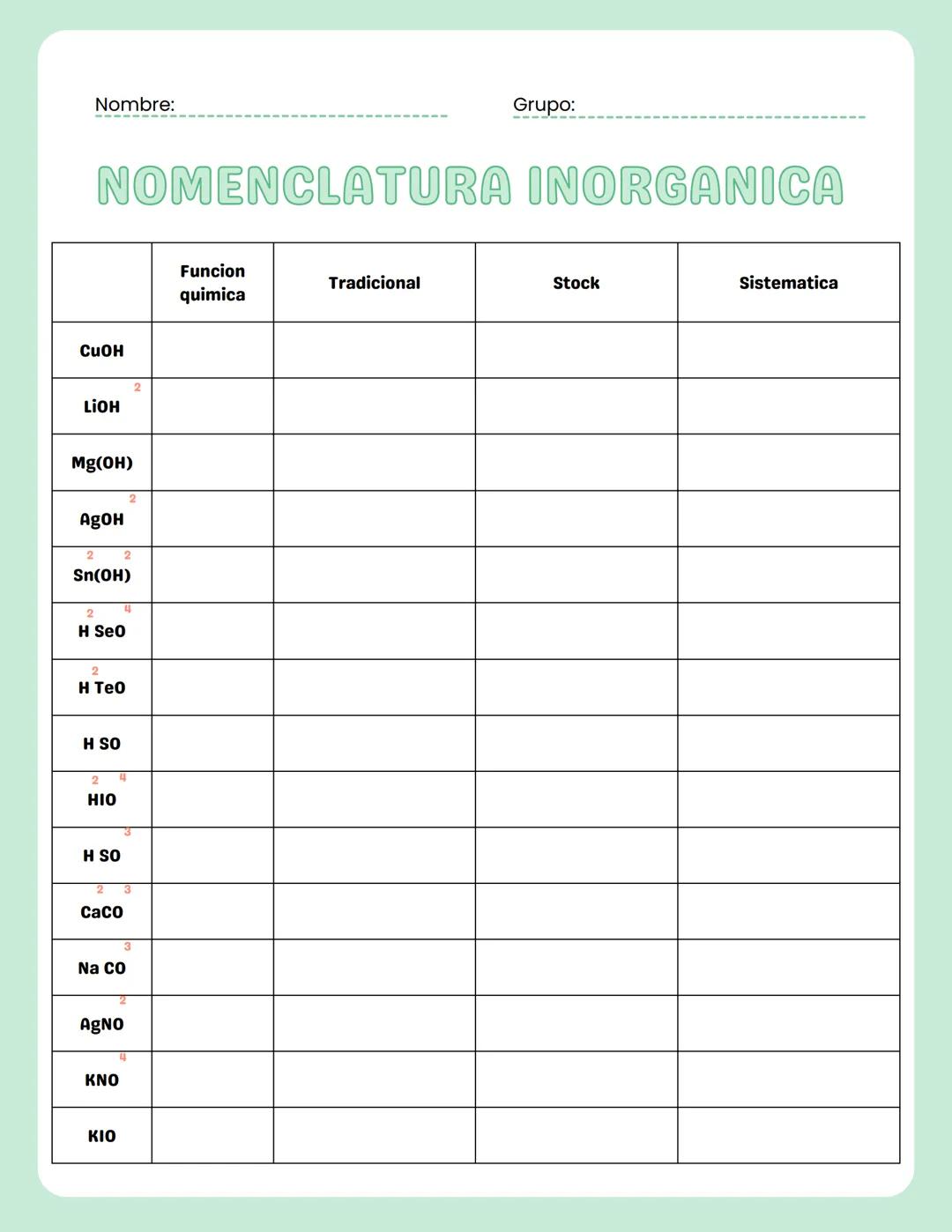 Nombre
Grupo
NOMENCLATURA
INORGANICA
Ejercicio 1
Indentifica el numero de oxidacion, el tipo de funcion quimica y el nombre
del compuesto en