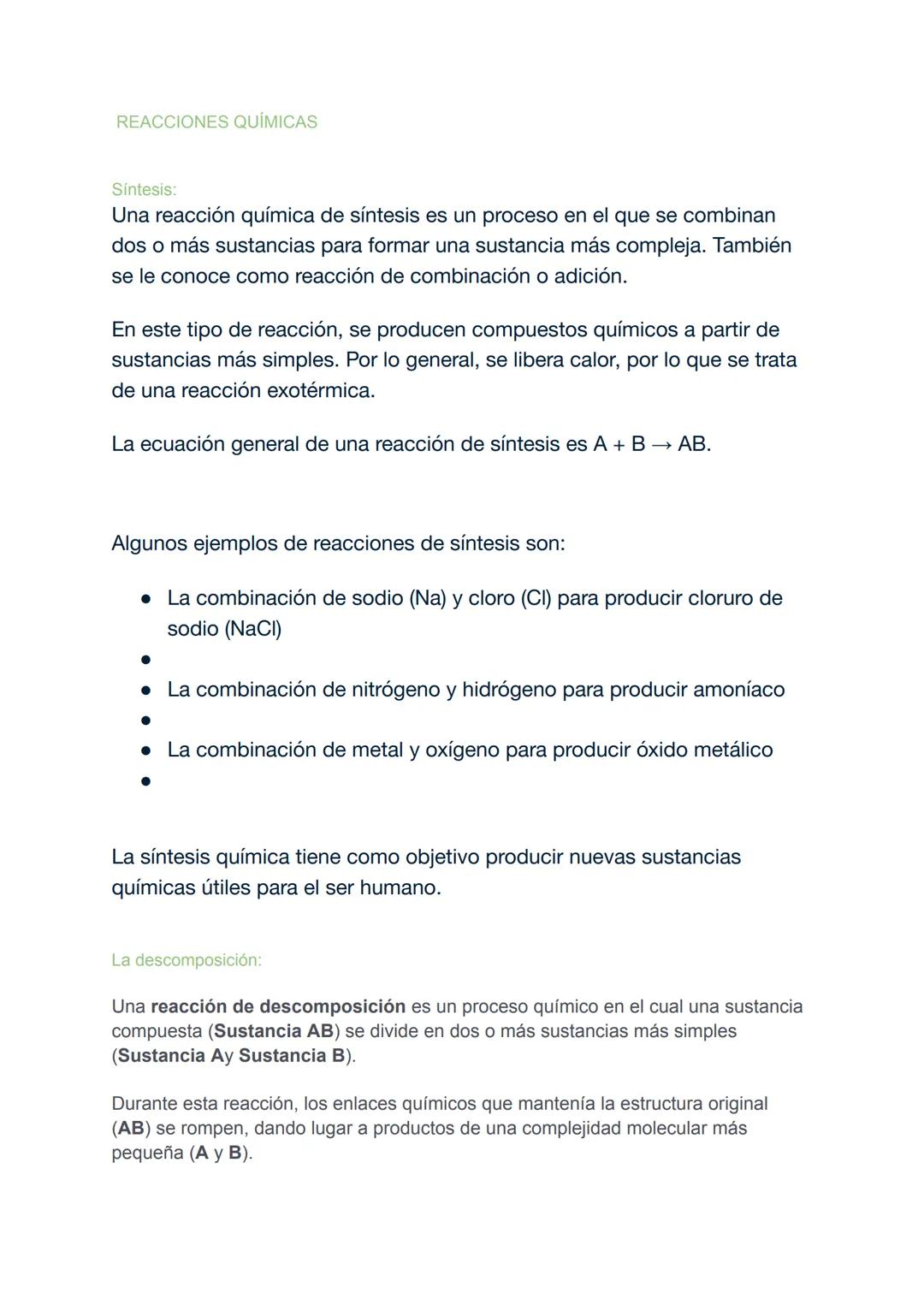 REACCIONES QUÍMICAS
Síntesis:
Una reacción química de síntesis es un proceso en el que se combinan
dos o más sustancias para formar una sus