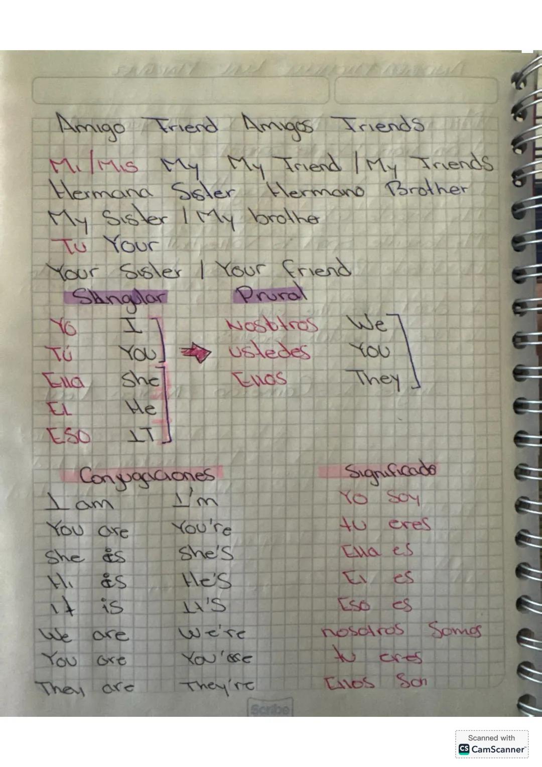 Amigo Friend Amigos Friends
Mi/Mis My My Friend / My Friends
Hermana Sister Hermano Brother
My Sister / My brothe
Tu Your
Your Sisler / You