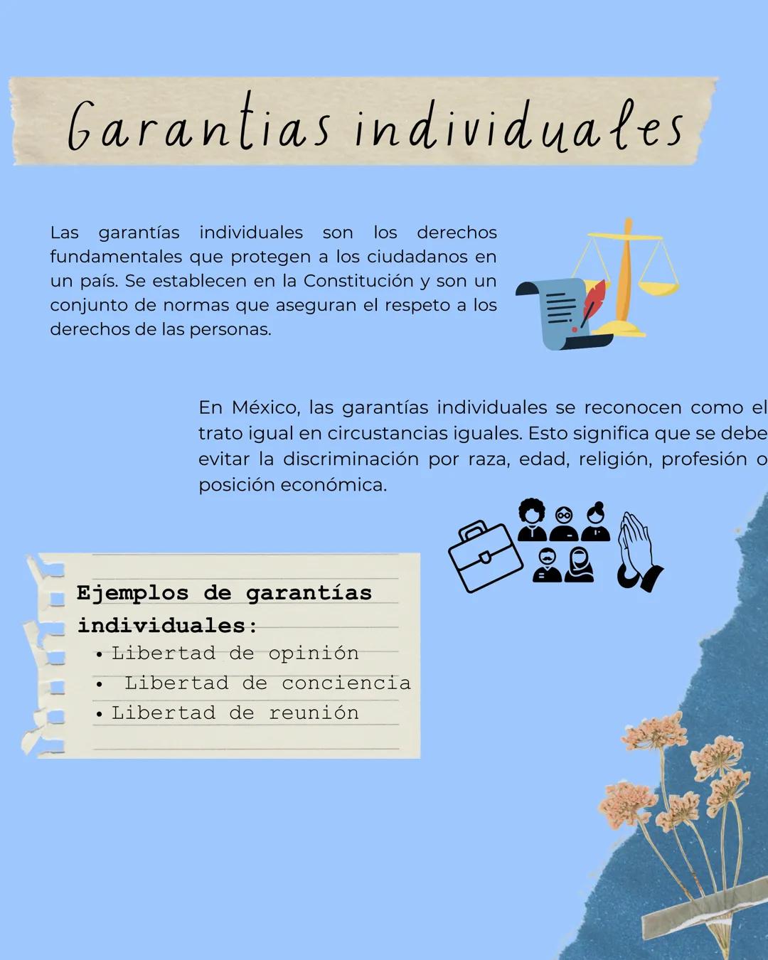 # Garantias individuales
Las garantías individuales son los derechos
fundamentales que protegen a los ciudadanos en
un país. Se establecen