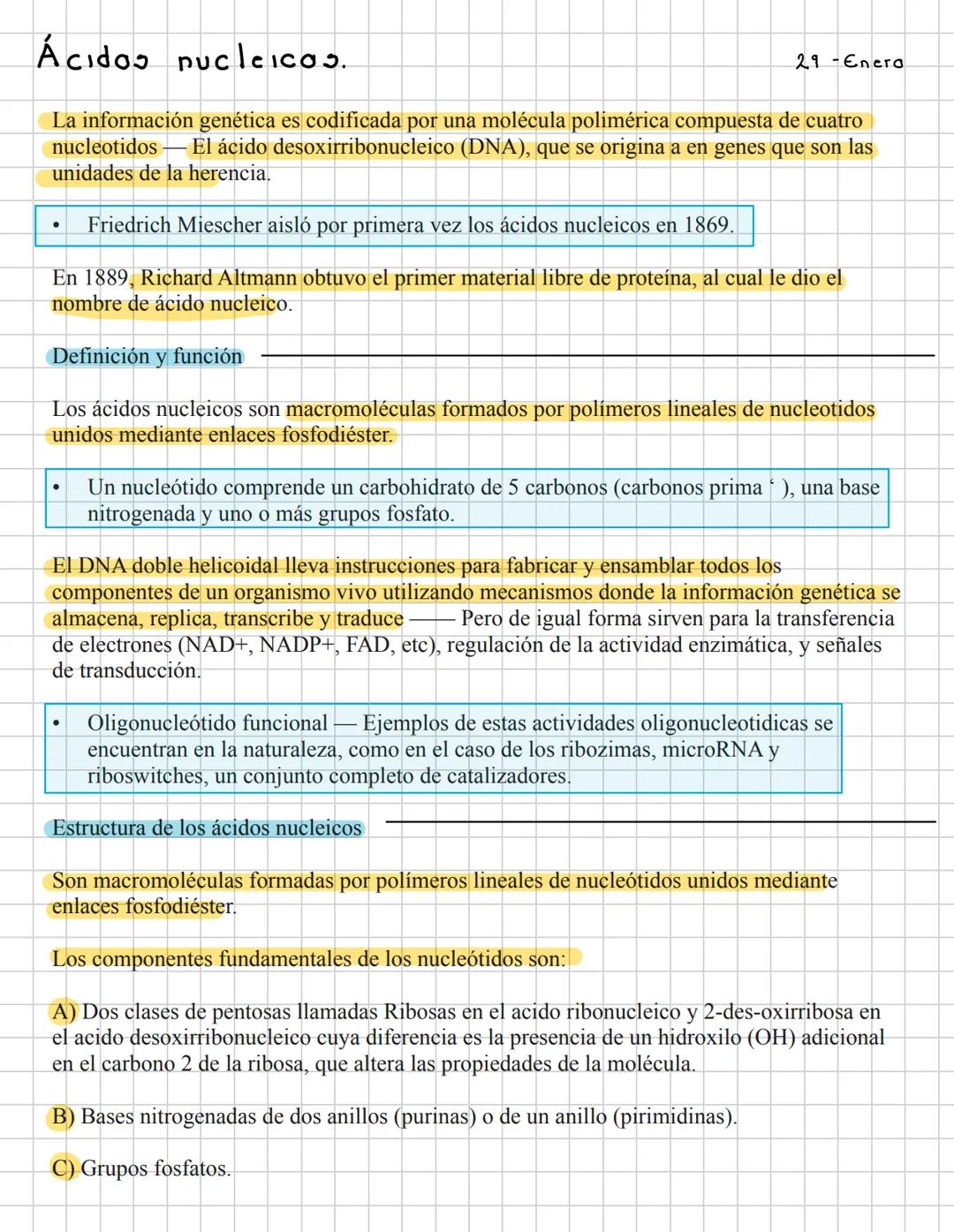 # Ácidos pucleicao.
29-Enera
La información genética es codificada por una molécula polimérica compuesta de cuatro
nucleotidos El ácido de