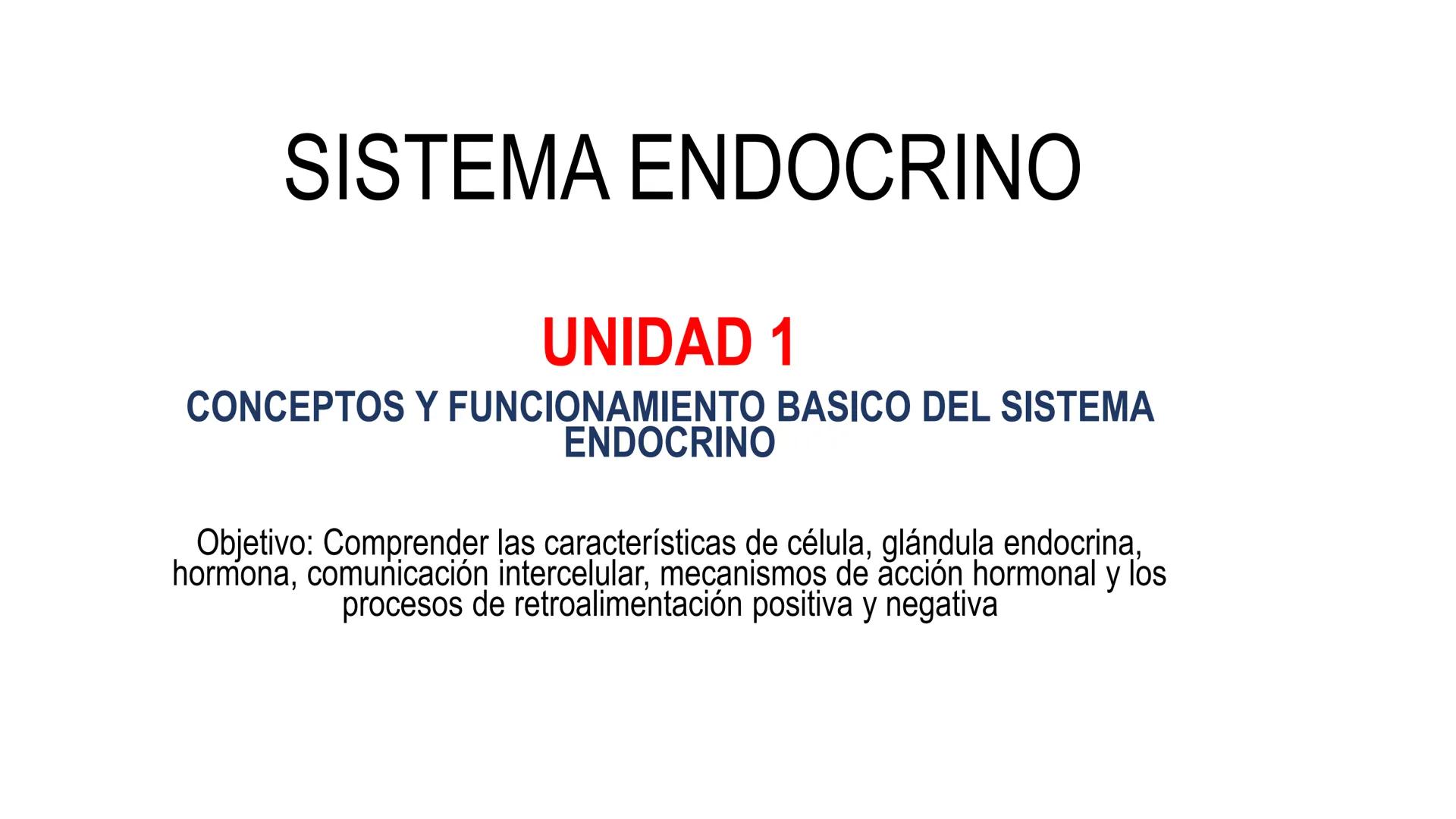 SISTEMA ENDOCRINO
UNIDAD 1
CONCEPTOS Y FUNCIONAMIENTO BASICO DEL SISTEMA
ENDOCRINO
Objetivo: Comprender las características de célula, glánd