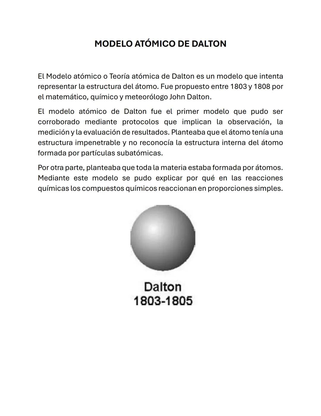 # MODELO ATÓMICO DE DALTON
El Modelo atómico o Teoría atómica de Dalton es un modelo que intenta
representar la estructura del átomo. Fue pr