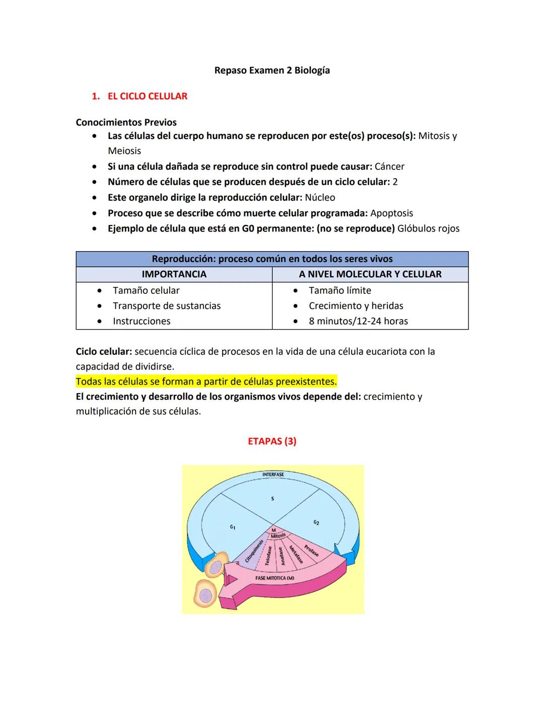 # 1. EL CICLO CELULAR
Repaso Examen 2 Biología
Conocimientos Previos
* Las células del cuerpo humano se reproducen por este(os) proceso