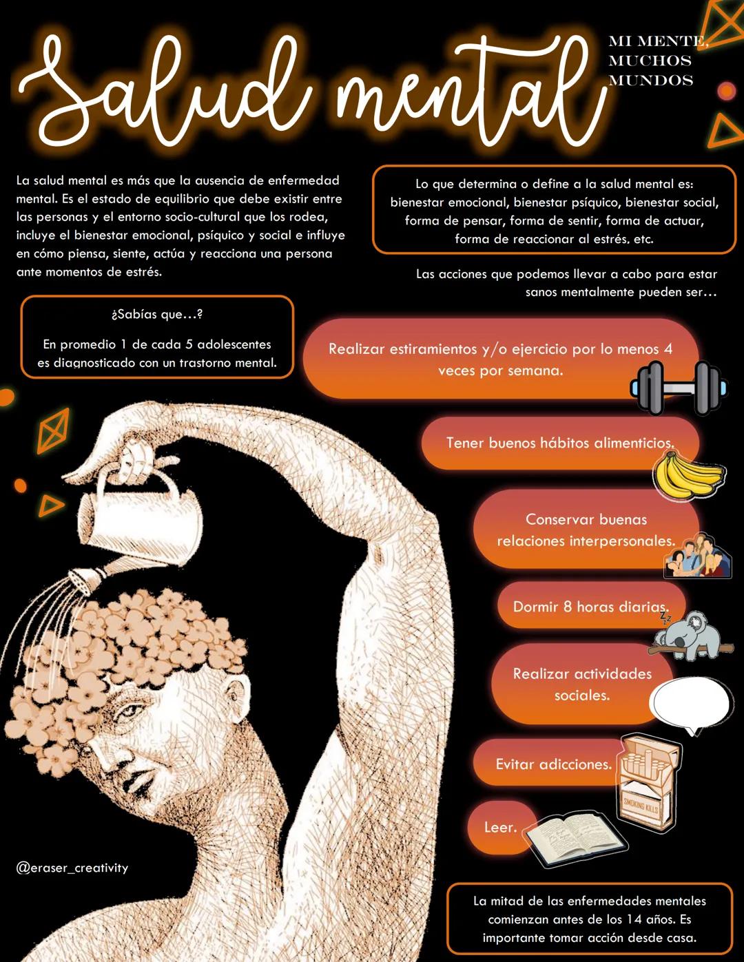 # Salud mental
La salud mental es más que la ausencia de enfermedad
mental. Es el estado de equilibrio que debe existir entre
las personas