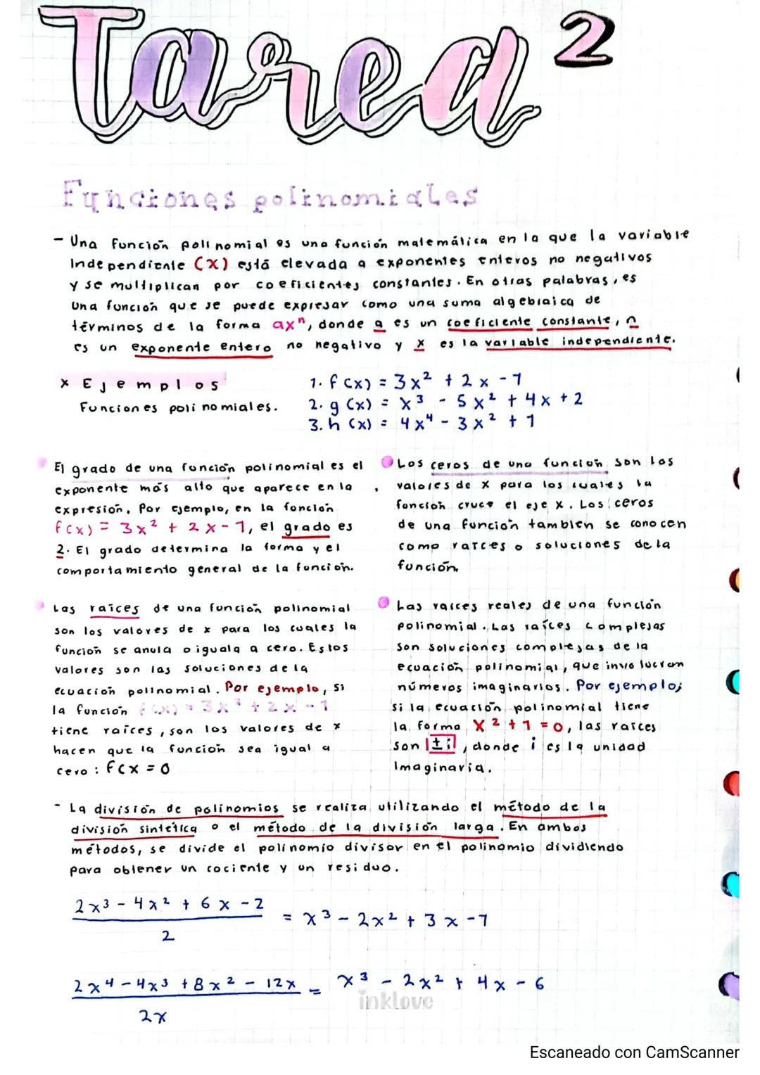 # Tarea
# Funciones polinomiales
- Una función poll nomial es una función matemática en la que la variable
Independiente (X) está elevada