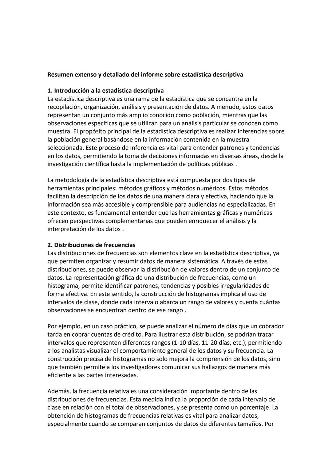 # Resumen extenso y detallado del informe sobre estadística descriptiva
1. Introducción a la estadística descriptiva
La estadística descri