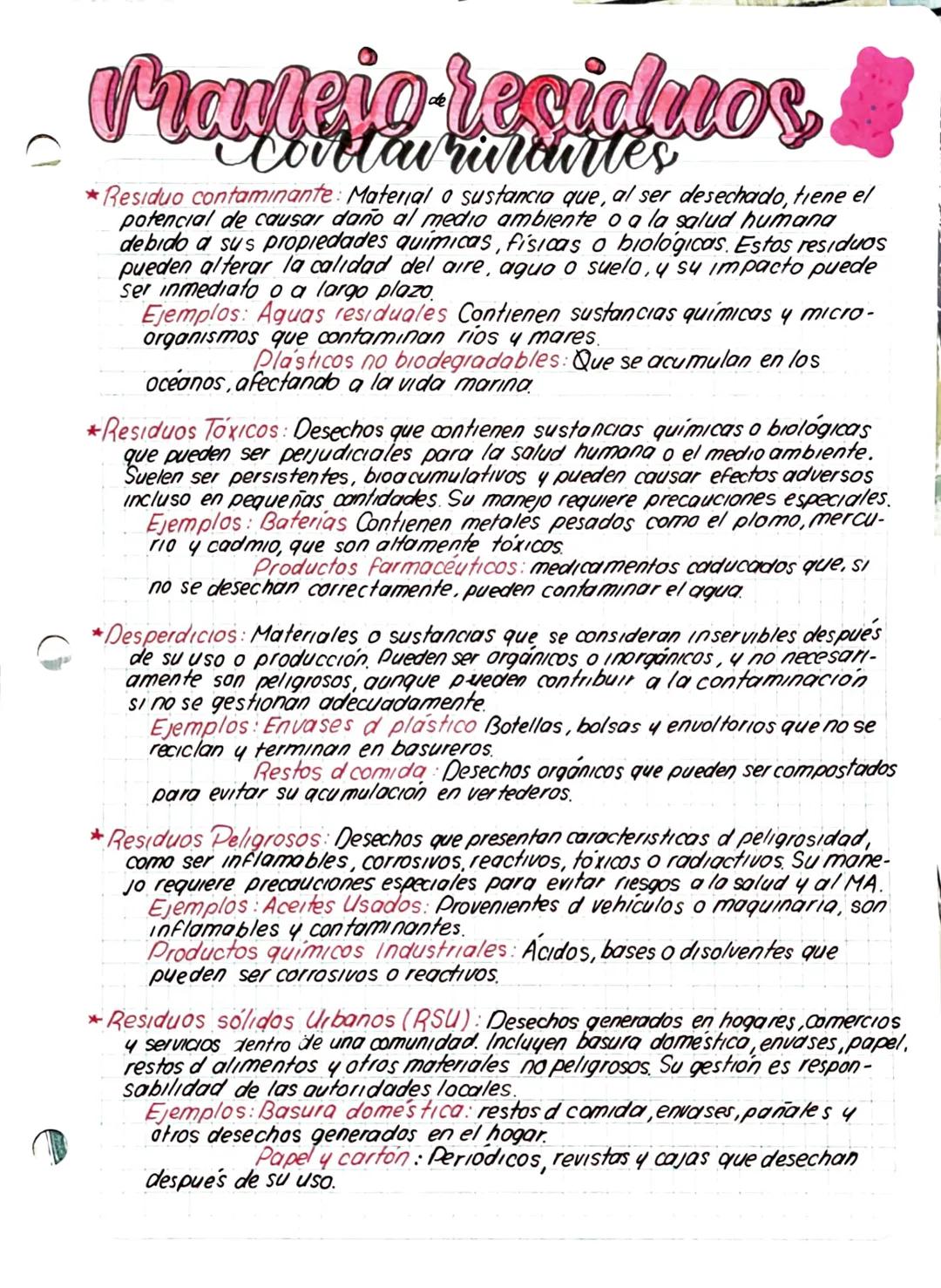 # Frauleio residuos
* Residuo contaminante: Material o sustancia que, al ser desechado, tiene el
potencial de causar daño al medio ambien