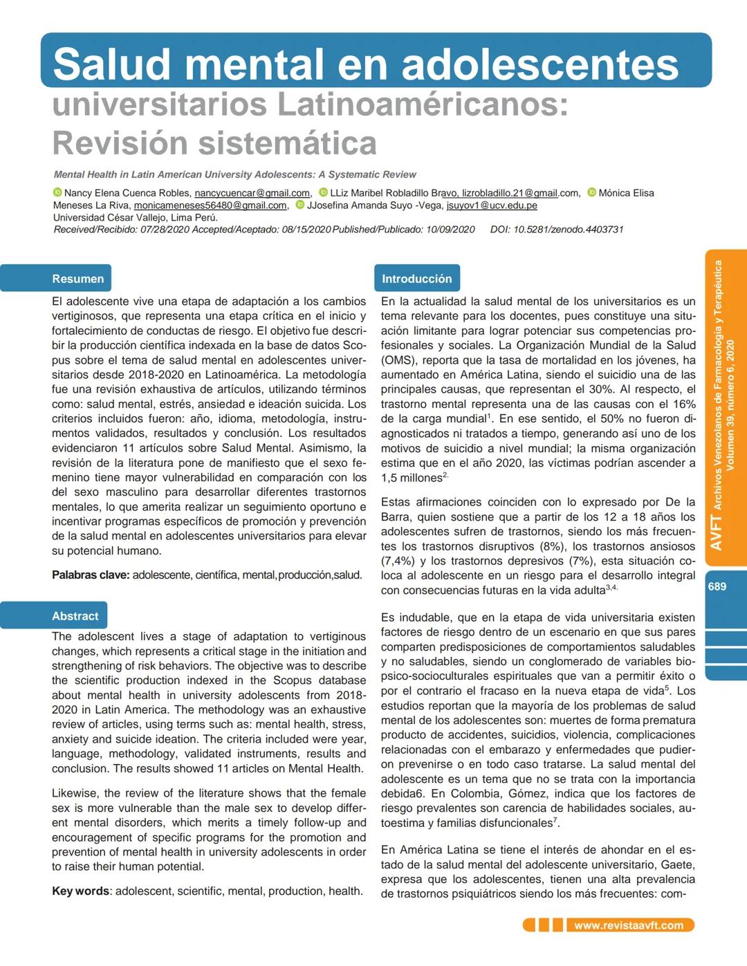 Salud mental en adolescente