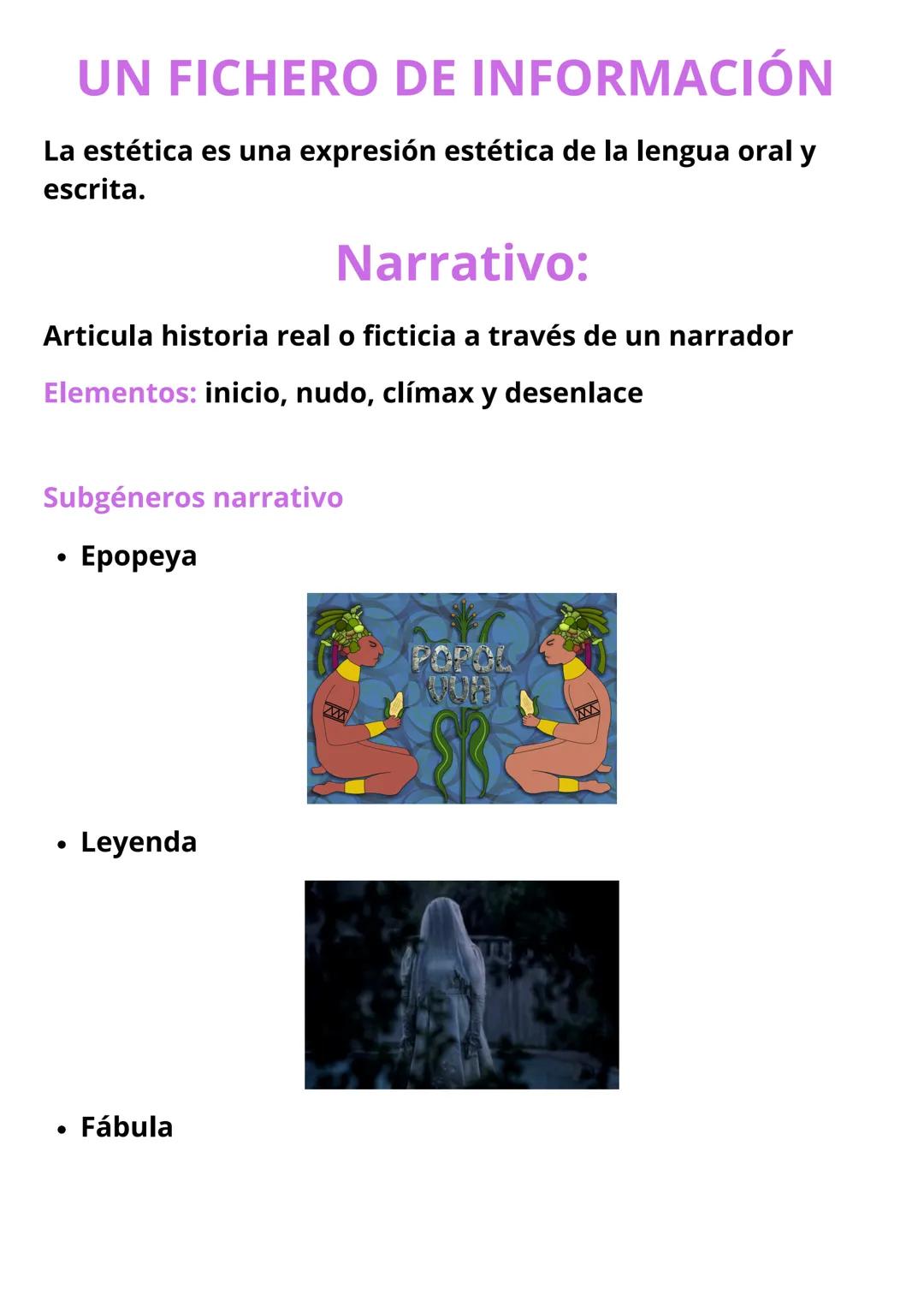 # UN FICHERO DE INFORMACIÓN
La estética es una expresión estética de la lengua oral y
escrita.
## Narrativo:
Articula historia real o fic