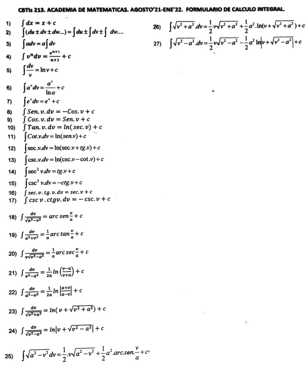 # Integrales Inmediatas
1. $\int dx = x + c$
2. $\int a dx = a \int dx = ax + c$
3. $\int u^n du = \frac{u^{n+1}}{n+1} + c$
4. $\int \fr