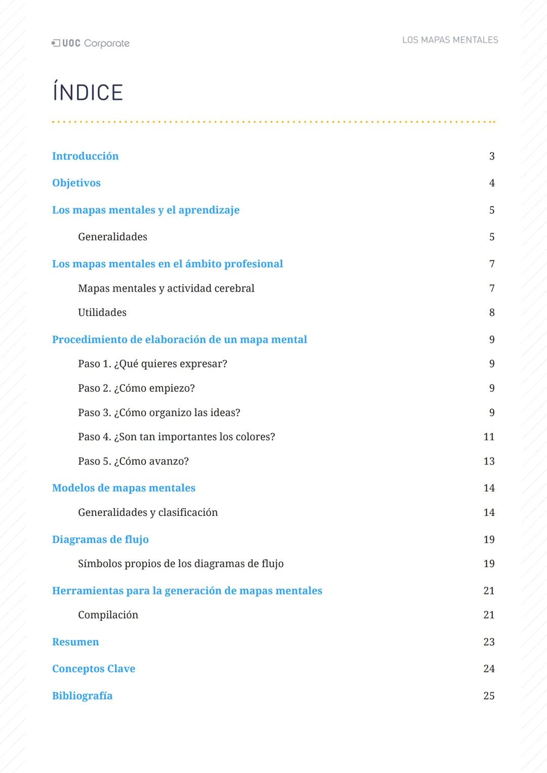 LOS MAPAS
MENTALES
UOC Corporate UOC Corporate LOS MAPAS MENTALES
# ÍNDICE
Introducción 3
Objetivos 4
Los mapas mentales y el aprendiza