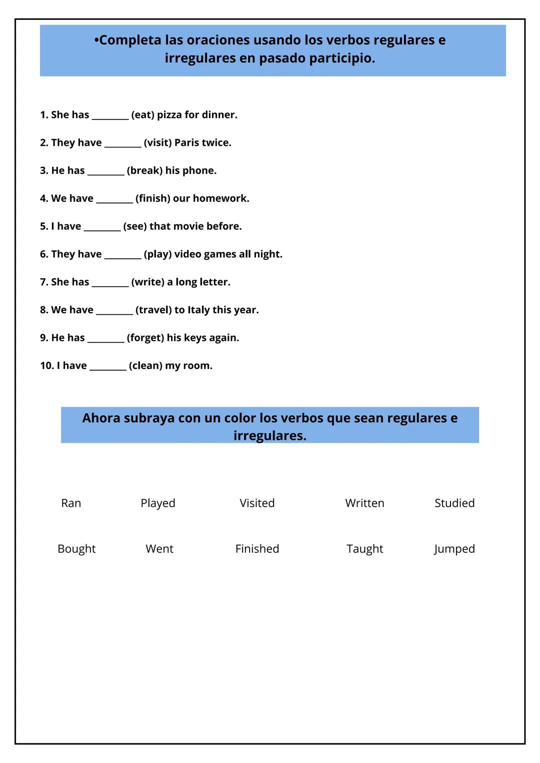 Práctica sencilla de verbos regulares e irregulares del inglés