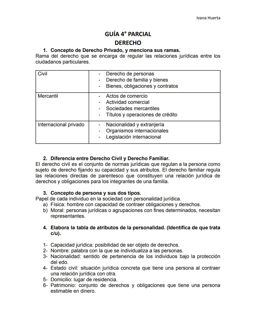 # Ivana Huerta
# GUÍA 4° PARCIAL
# DERECHO
1. Concepto de Derecho Privado, y menciona sus ramas.
Rama del derecho que se encarga de regu