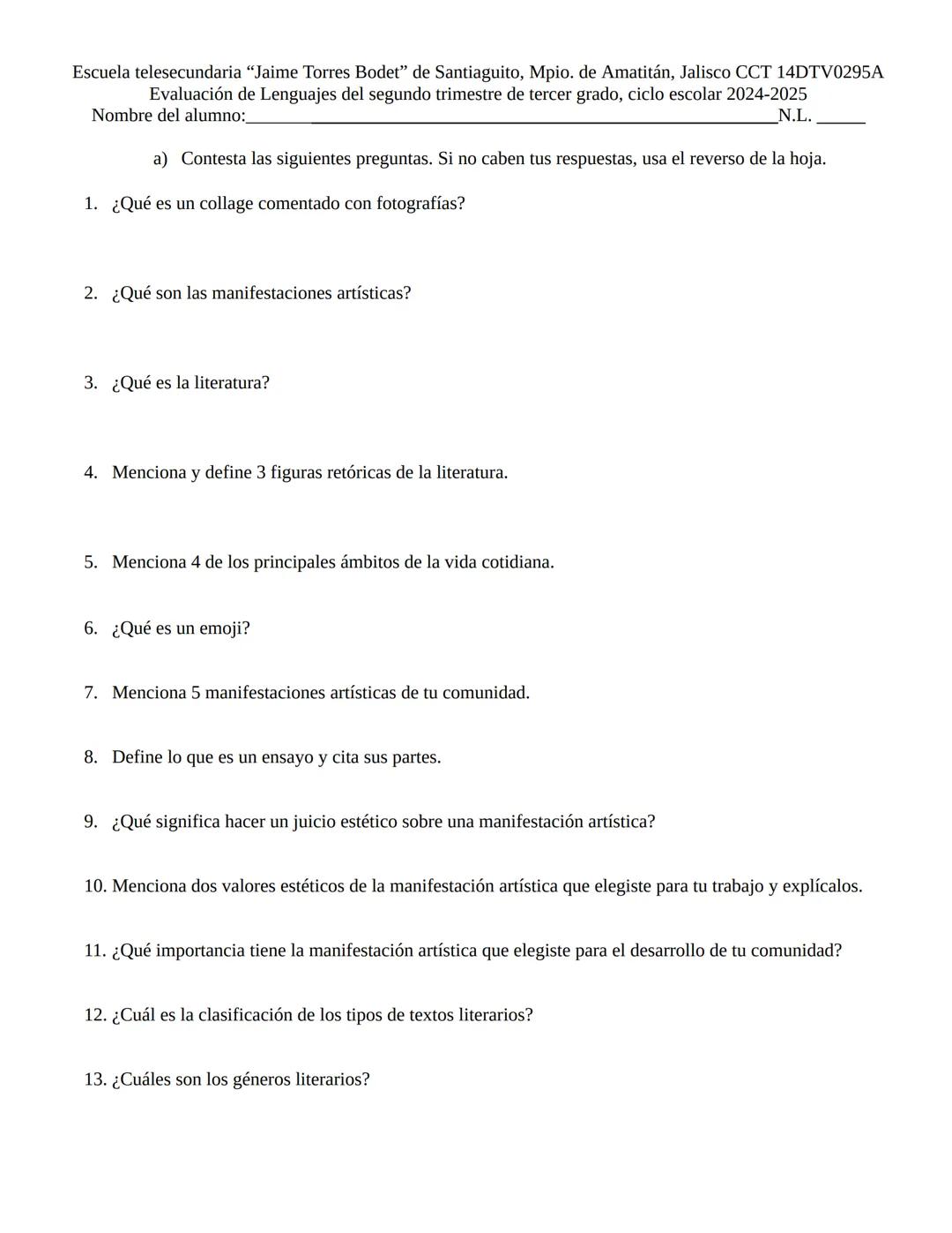 # Escuela telesecundaria "Jaime Torres Bodet" de Santiaguito, Mpio. de Amatitán, Jalisco CCT 14DTV0295A
# Evaluación de Lenguajes del segund