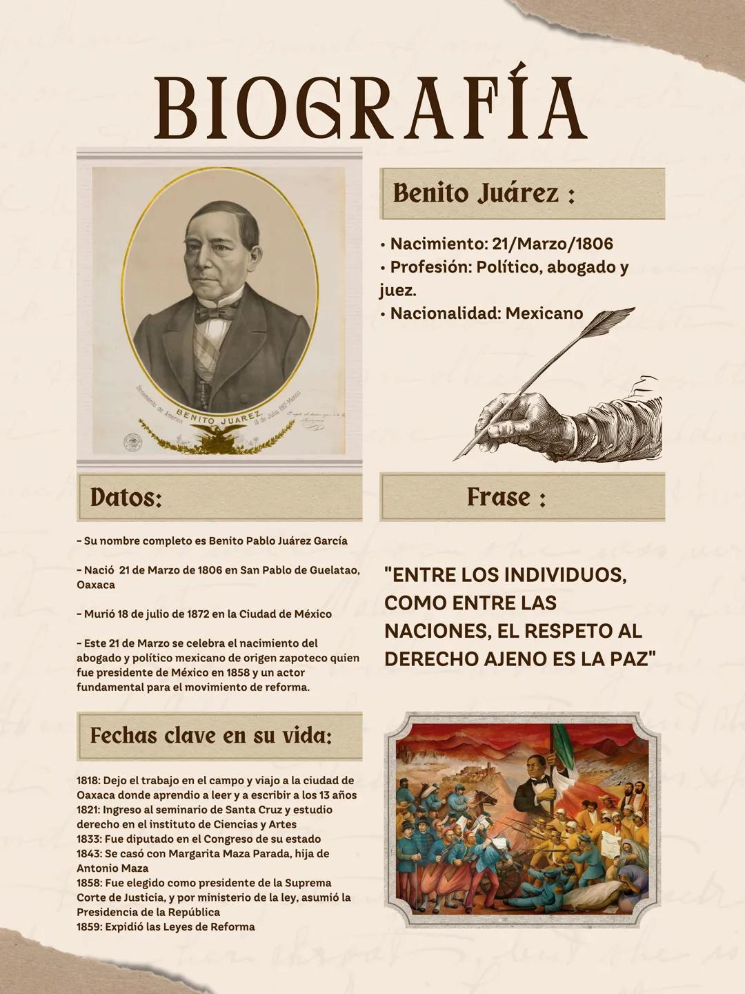 # BIOGRAFÍA
Benito Juárez :
* Nacimiento: 21/Marzo/1806
* Profesión: Político, abogado y
juez.
* Nacionalidad: Mexicano
BENITO JUA