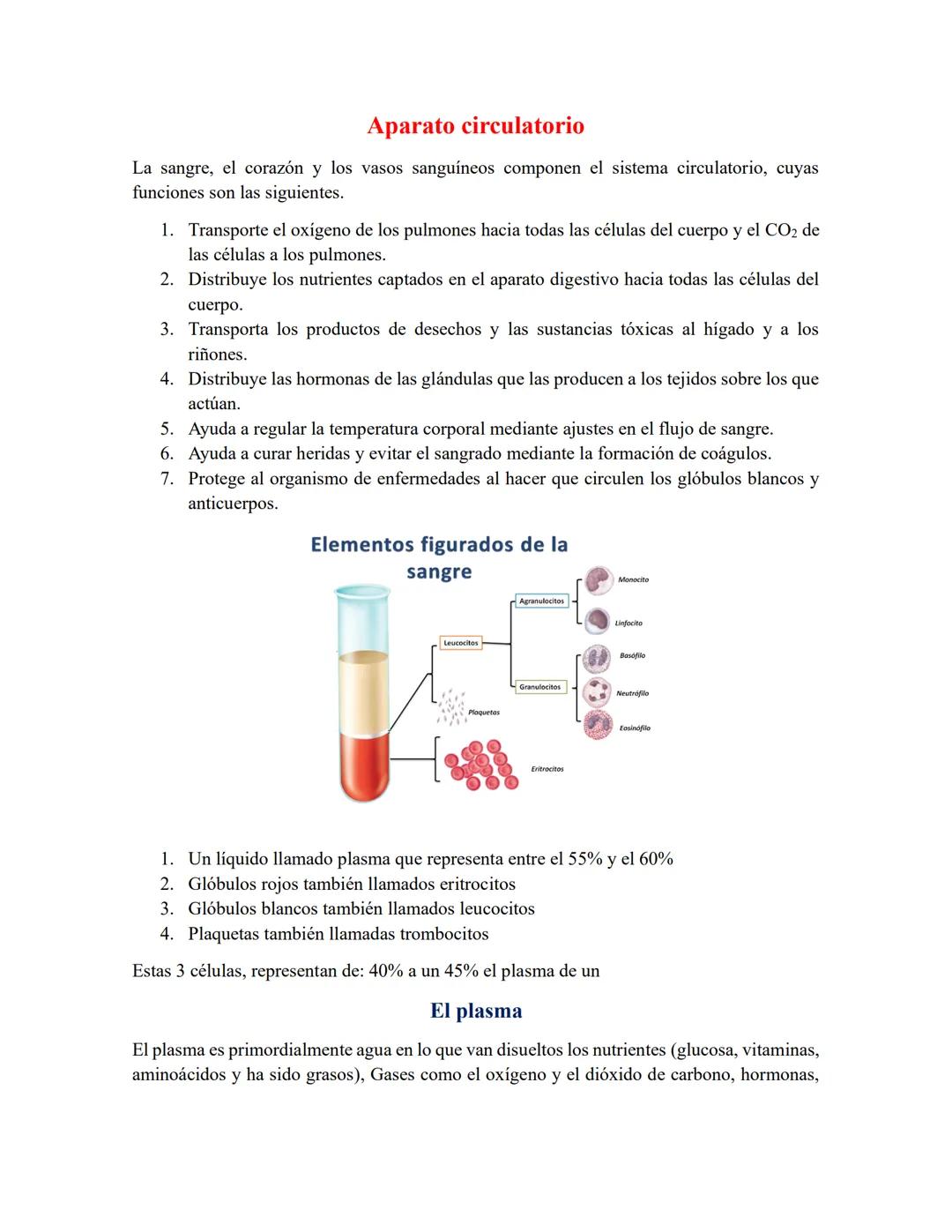 # Aparato circulatorio
La sangre, el corazón y los vasos sanguíneos componen el sistema circulatorio, cuyas
funciones son las siguientes.