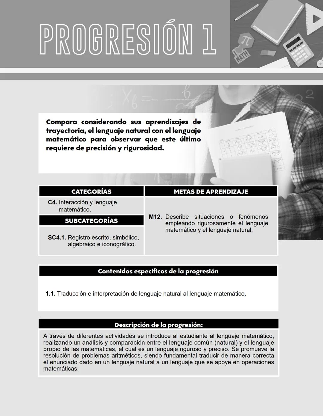 # PROGRESIÓN 1
π
MATH
Compara considerando sus aprendizajes de
trayectoria, el lenguaje natural con el lenguaje
matemático para observar q