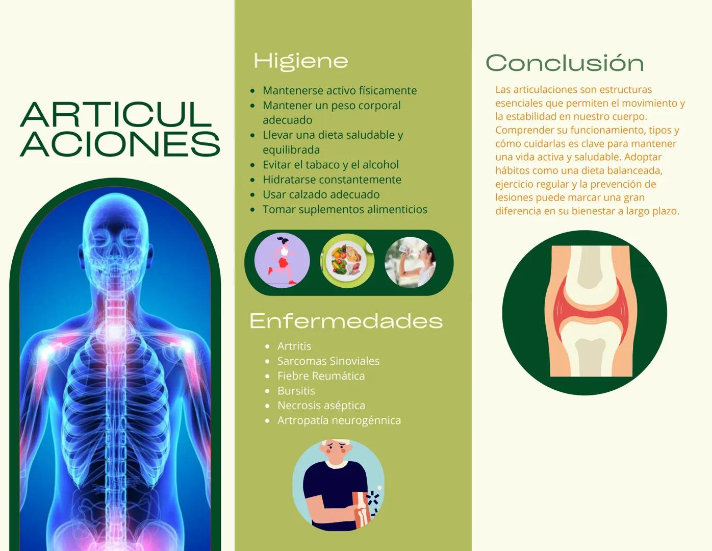# ARTICUL
ACIONES
Higiene
• Mantenerse activo físicamente
• Mantener un peso corporal
adecuado
• Llevar una dieta saludable y
equilibrada