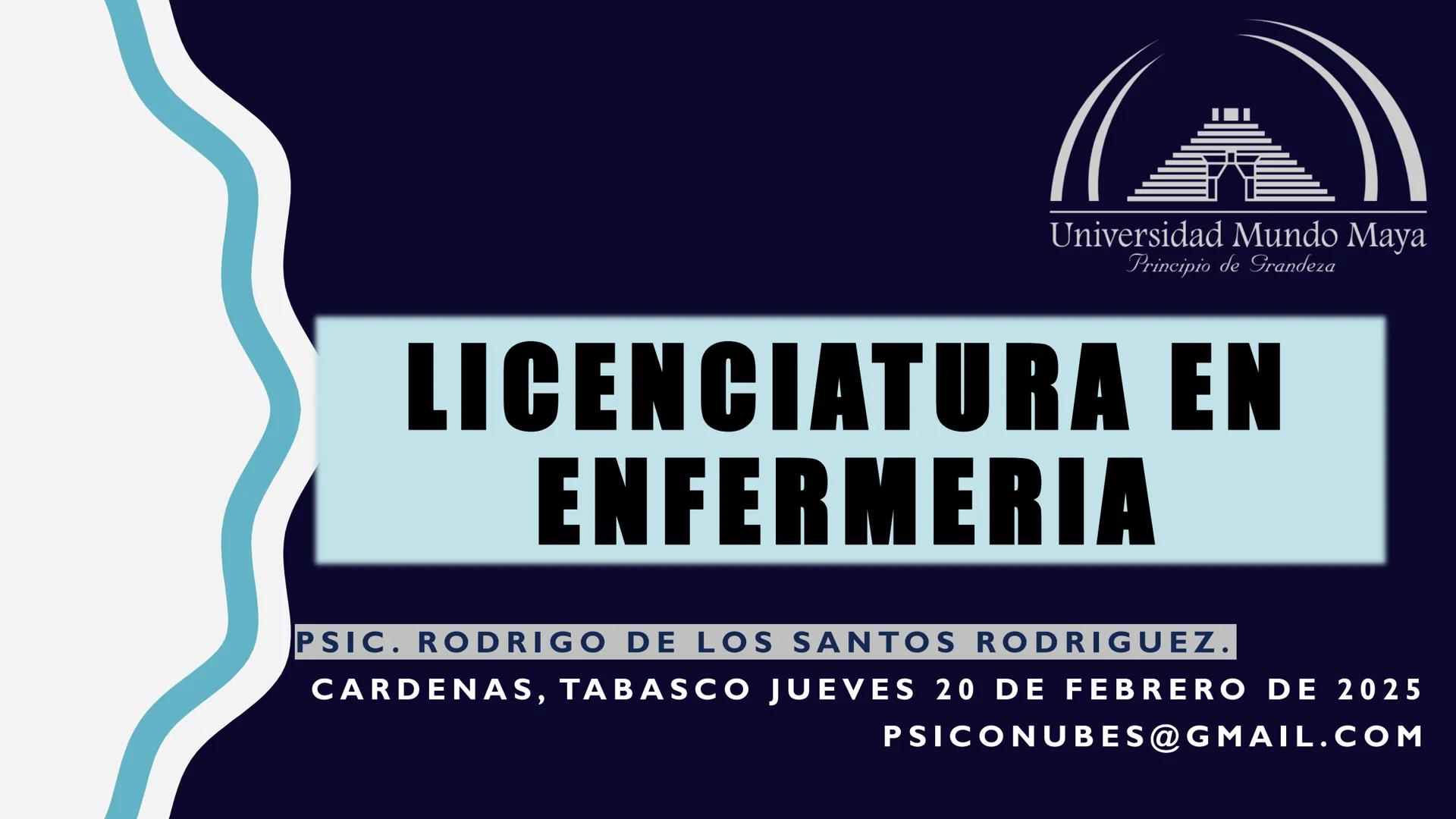 Universidad Mundo Maya
Principio de Grandeza
LICENCIATURA EN
ENFERMERIA
PSIC. RODRIGO DE LOS SANTOS RODRIGUEZ.
CARDENAS, TABASCO JUEVES 20