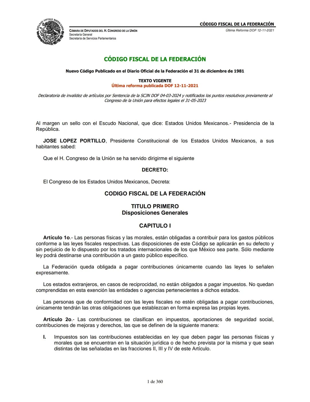 # MEXICA
CAMARA DE DIPUTADOS DEL H. CONGRESO DE LA UNIÓN
Secretaría General
Secretaría de Servicios Parlamentarios
# CÓDIGO FISCAL DE LA FE