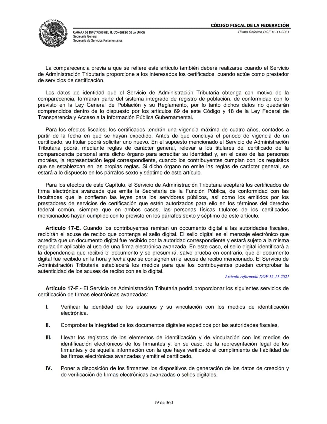 # MEXICA
CAMARA DE DIPUTADOS DEL H. CONGRESO DE LA UNIÓN
Secretaría General
Secretaría de Servicios Parlamentarios
# CÓDIGO FISCAL DE LA FE