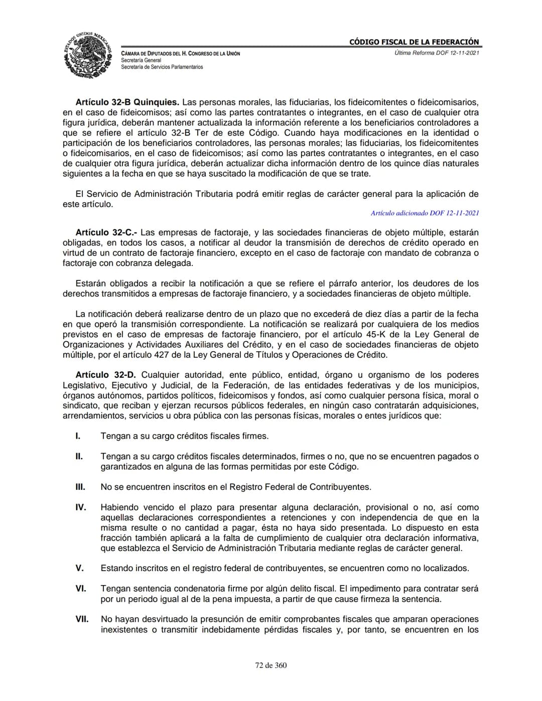 # MEXICA
CAMARA DE DIPUTADOS DEL H. CONGRESO DE LA UNIÓN
Secretaría General
Secretaría de Servicios Parlamentarios
# CÓDIGO FISCAL DE LA FE