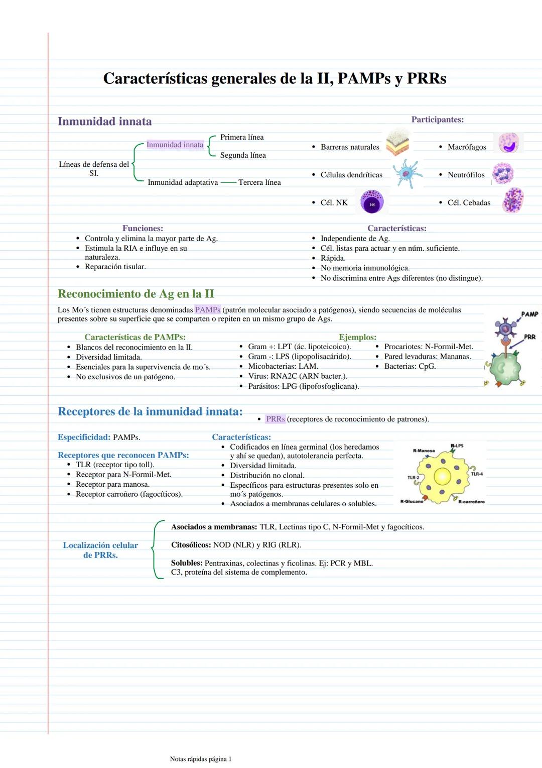 # Características generales de la II, PAMPs y PRRS
Inmunidad innata
Participantes:
Primera línea
Inmunidad innata
Barreras naturales
M
