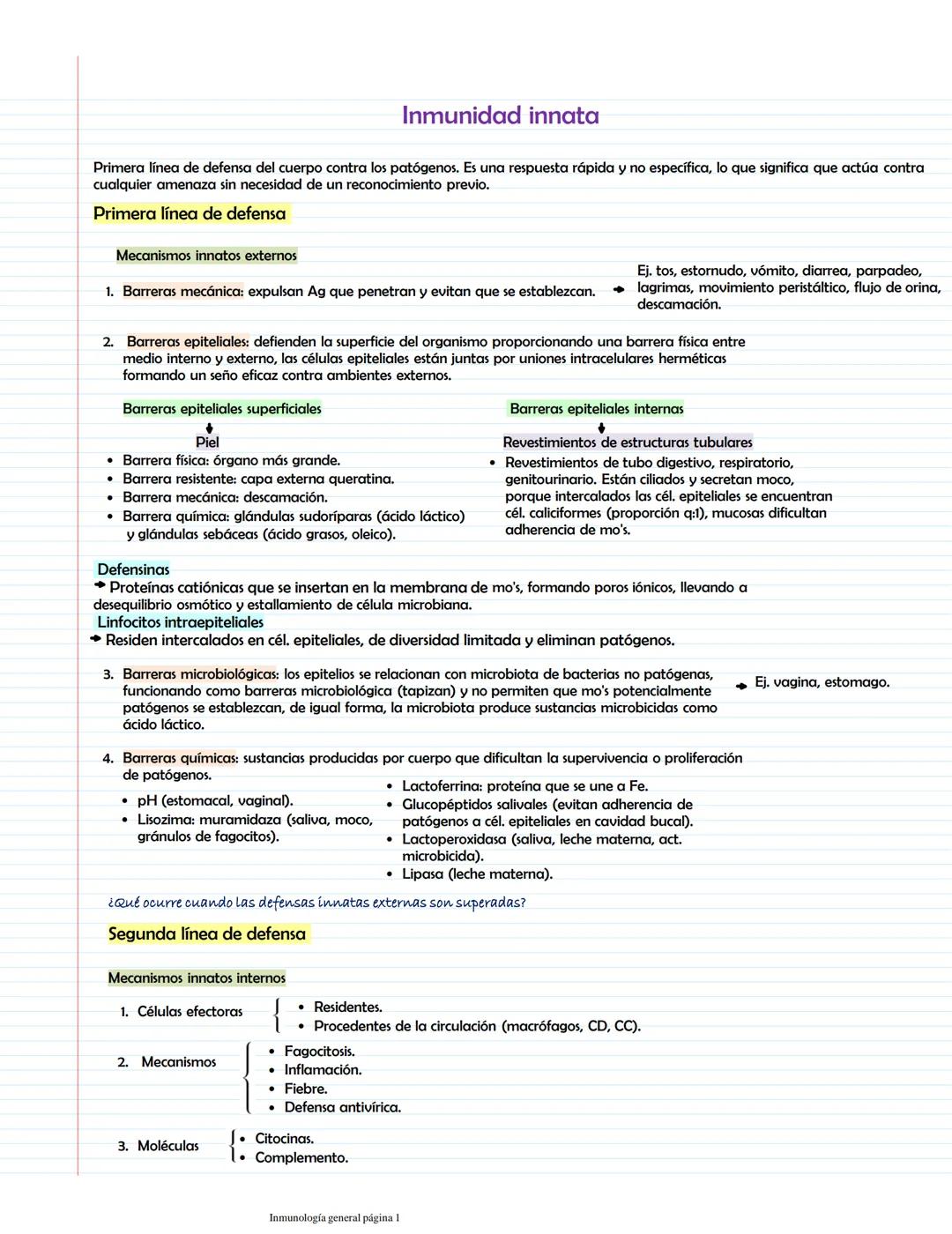 # Características generales de la II, PAMPs y PRRS
Inmunidad innata
Participantes:
Primera línea
Inmunidad innata
Barreras naturales
M