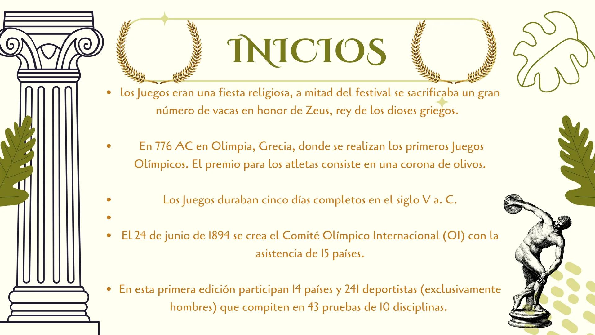 JUEGOS
OLIMPICOS (C) ()
INICIOS
* los Juegos eran una fiesta religiosa, a mitad del festival se sacrificaba un gran
número de vacas en hon