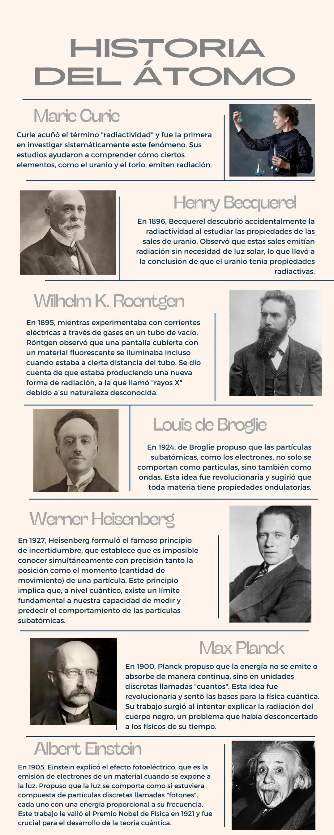 # HISTORIA
DEL ÁTOMO
Marie Curie
Curie acuñó el término "radiactividad y fue la primera
en investigar sistemáticamente este fenómeno. Sus