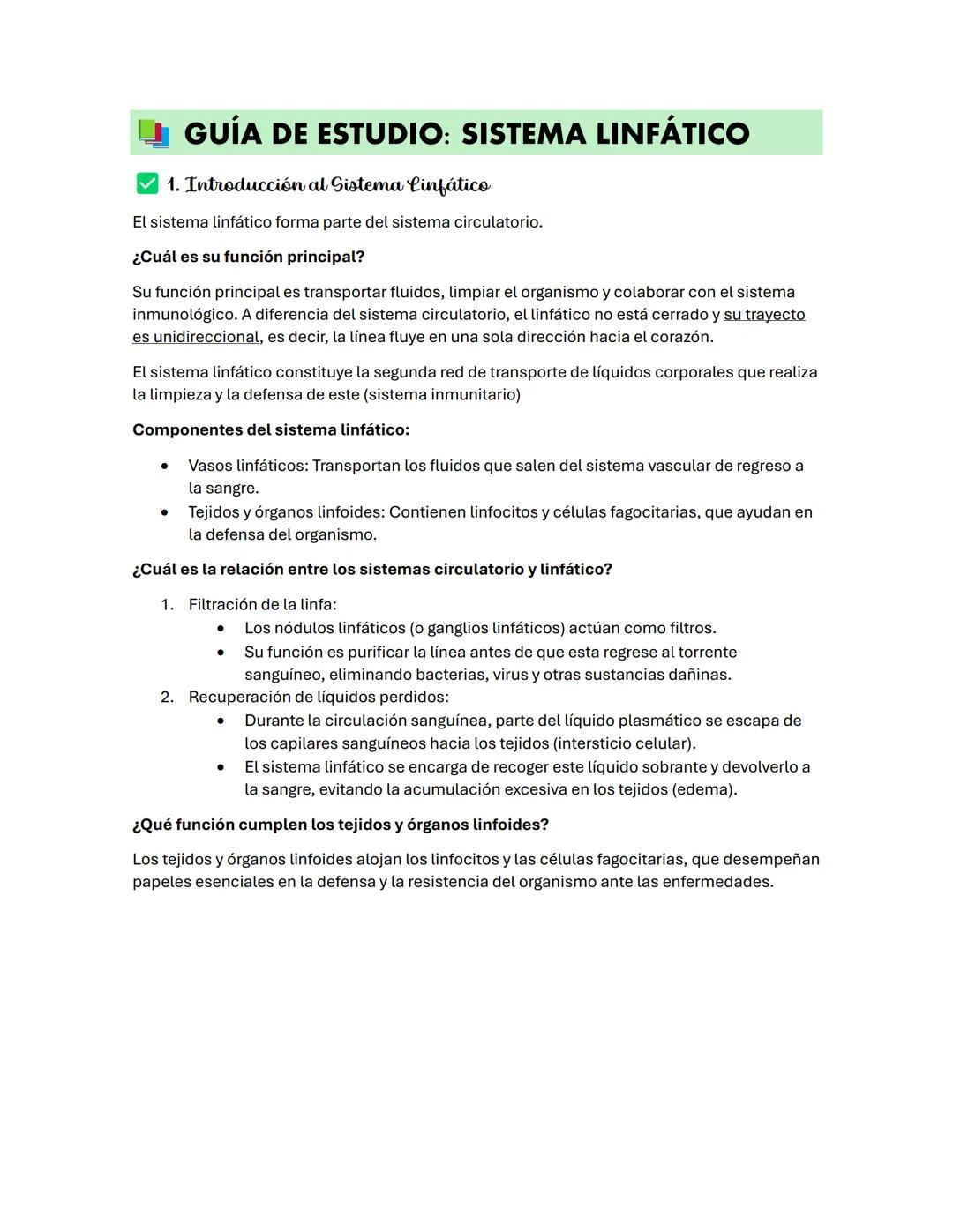 # GUÍA DE ESTUDIO: SISTEMA LINFÁTICO
✔ 1. Introducción al Sistema Linfático
El sistema linfático forma parte del sistema circulatorio.
¿C