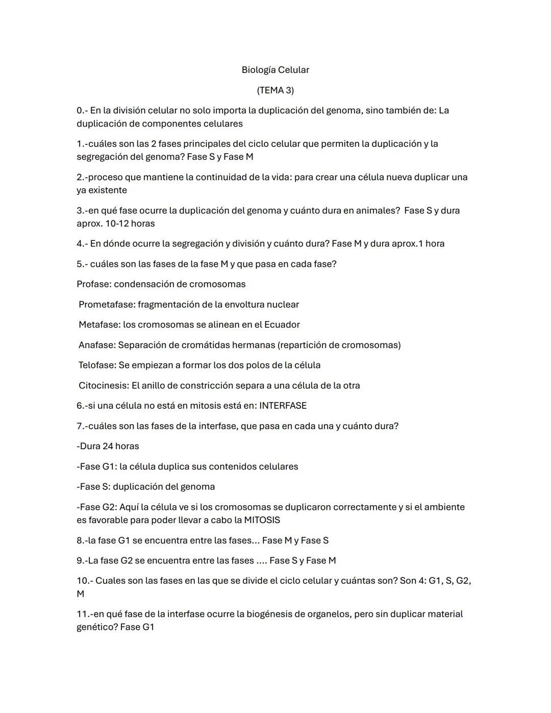 Biología Celular
(TEMA 3)
0.- En la división celular no solo importa la duplicación del genoma, sino también de: La
duplicación de componen