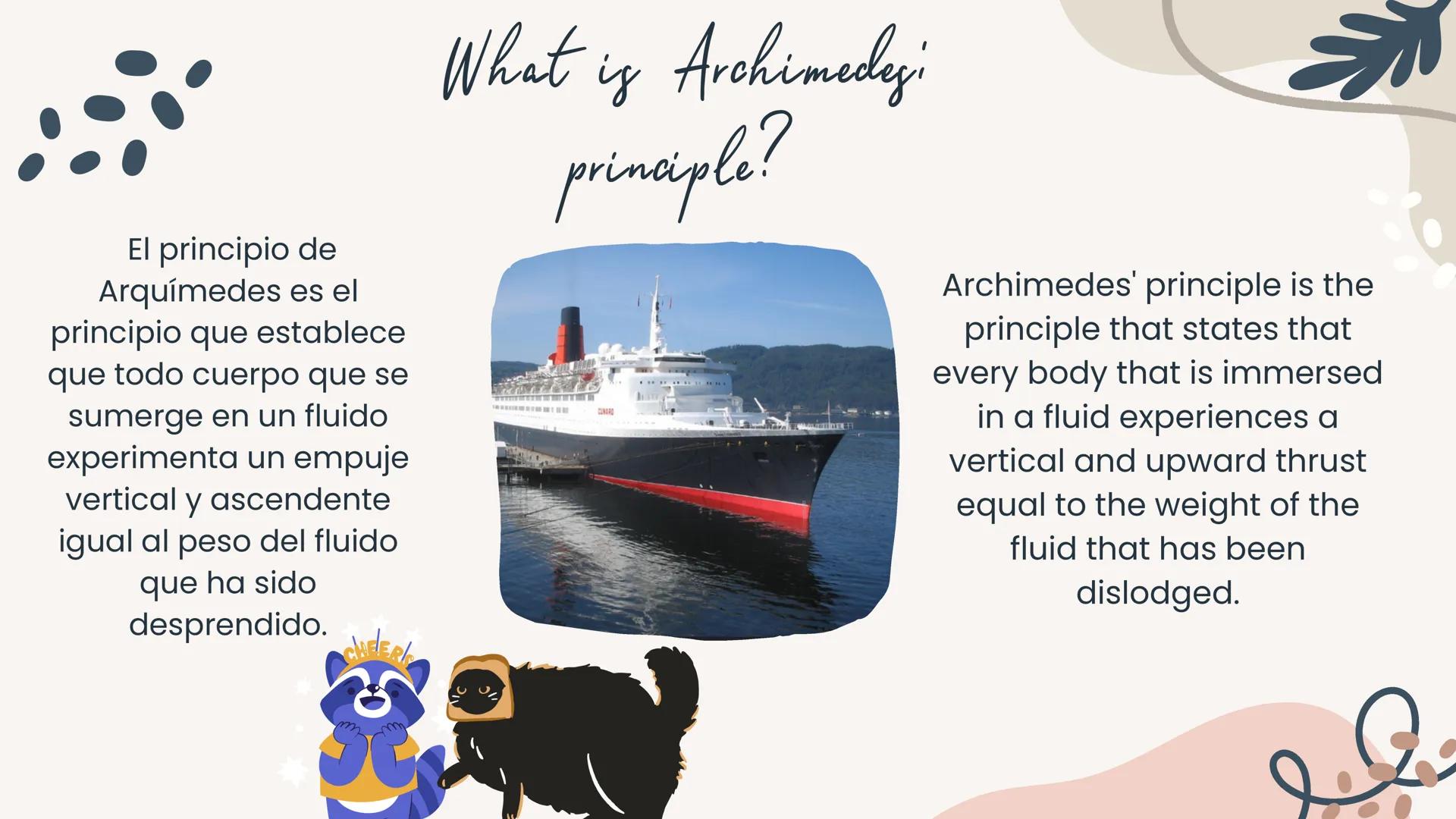 # Theorem of Arquímides
Made by: Montse, Andrea,
Luna, Zoe y Rocío 01 What is Archimedes' principle?
Index
02 Applications of Archimedes' p