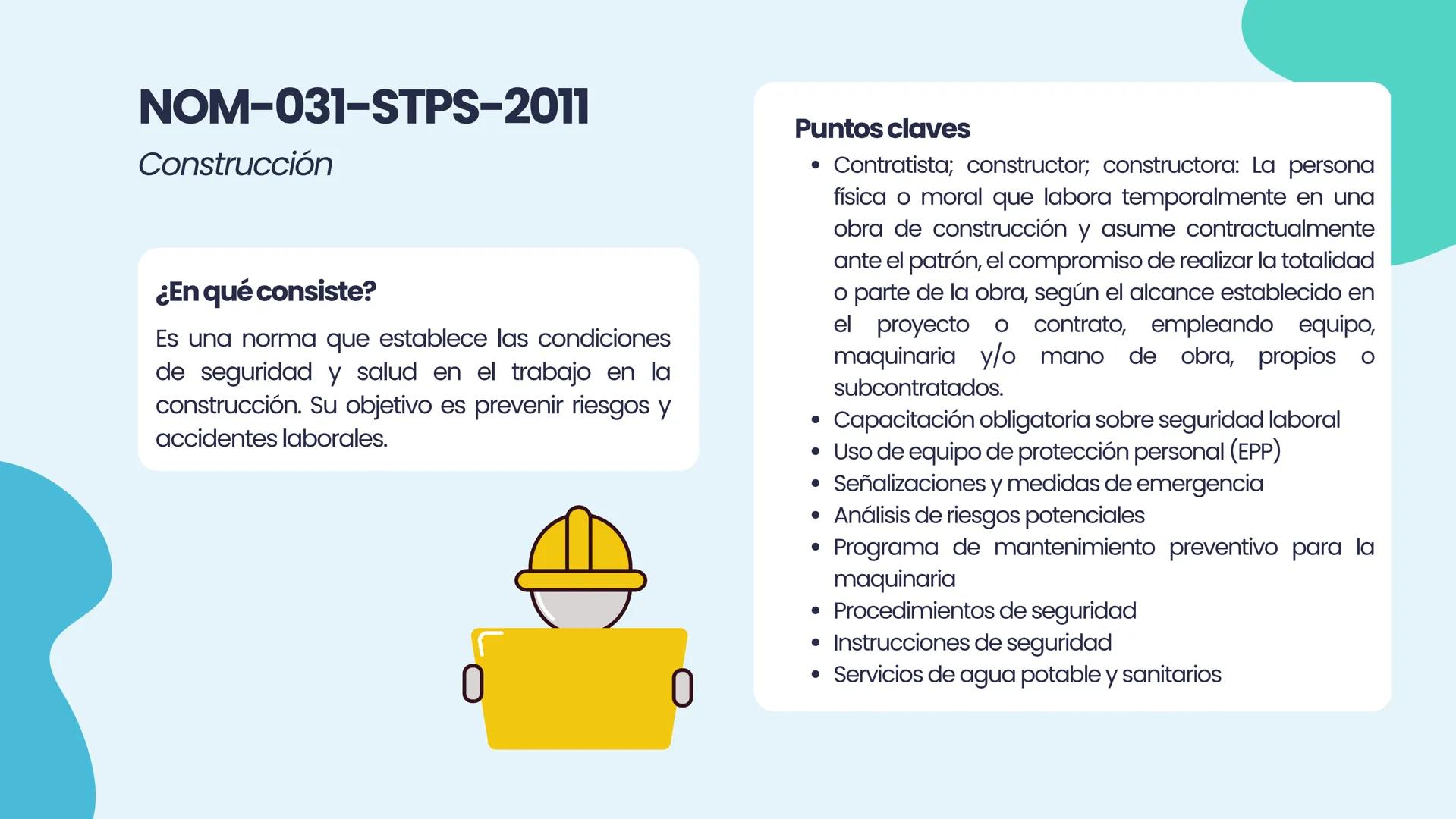 NOM
2.2 NORMAS OFICIALES
MEXICANAS (NOM-STPS)
EQUIPO 2
↑ Marco legal
NORMAS OFICIALES
MEXICANAS
STPS
Salud
Seguridad
Organización
+