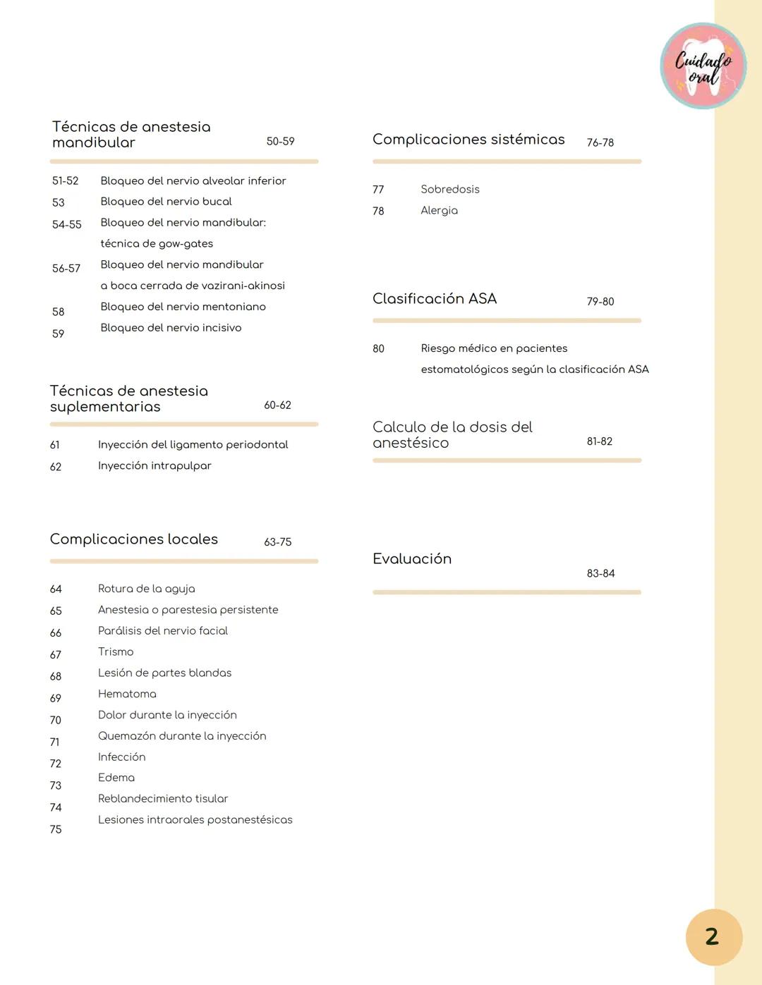 # Técnicas de
anestesia
@Cuidado_oral
@Cuidado.oral # Indice
Pagina 51 (BNAI)
Pagina 64-65 (Gol-gates)
Anestésicos locales
3-12
Considerac