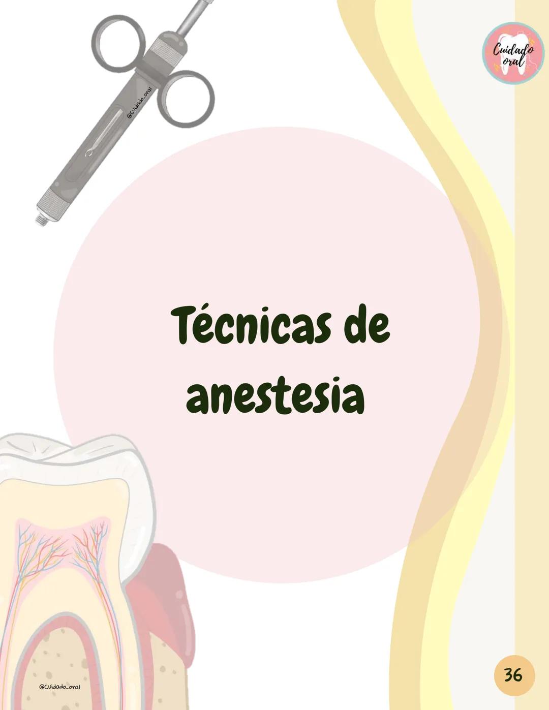 # Técnicas de
anestesia
@Cuidado_oral
@Cuidado.oral # Indice
Pagina 51 (BNAI)
Pagina 64-65 (Gol-gates)
Anestésicos locales
3-12
Considerac