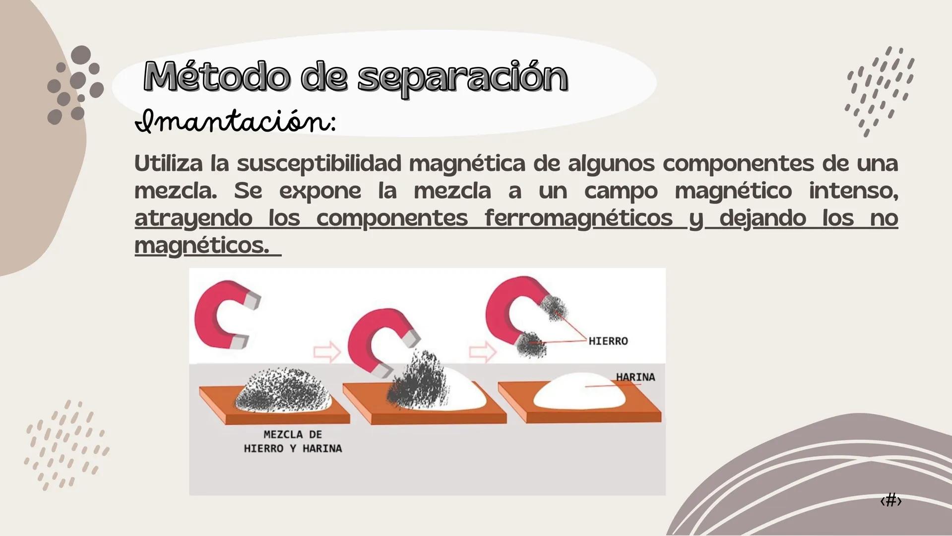 # Métodos de separación de mezclas
Imantacion, cristalización ,punto de fusión y magnetismo # Métodos de separación
de mezclas
Son los dis