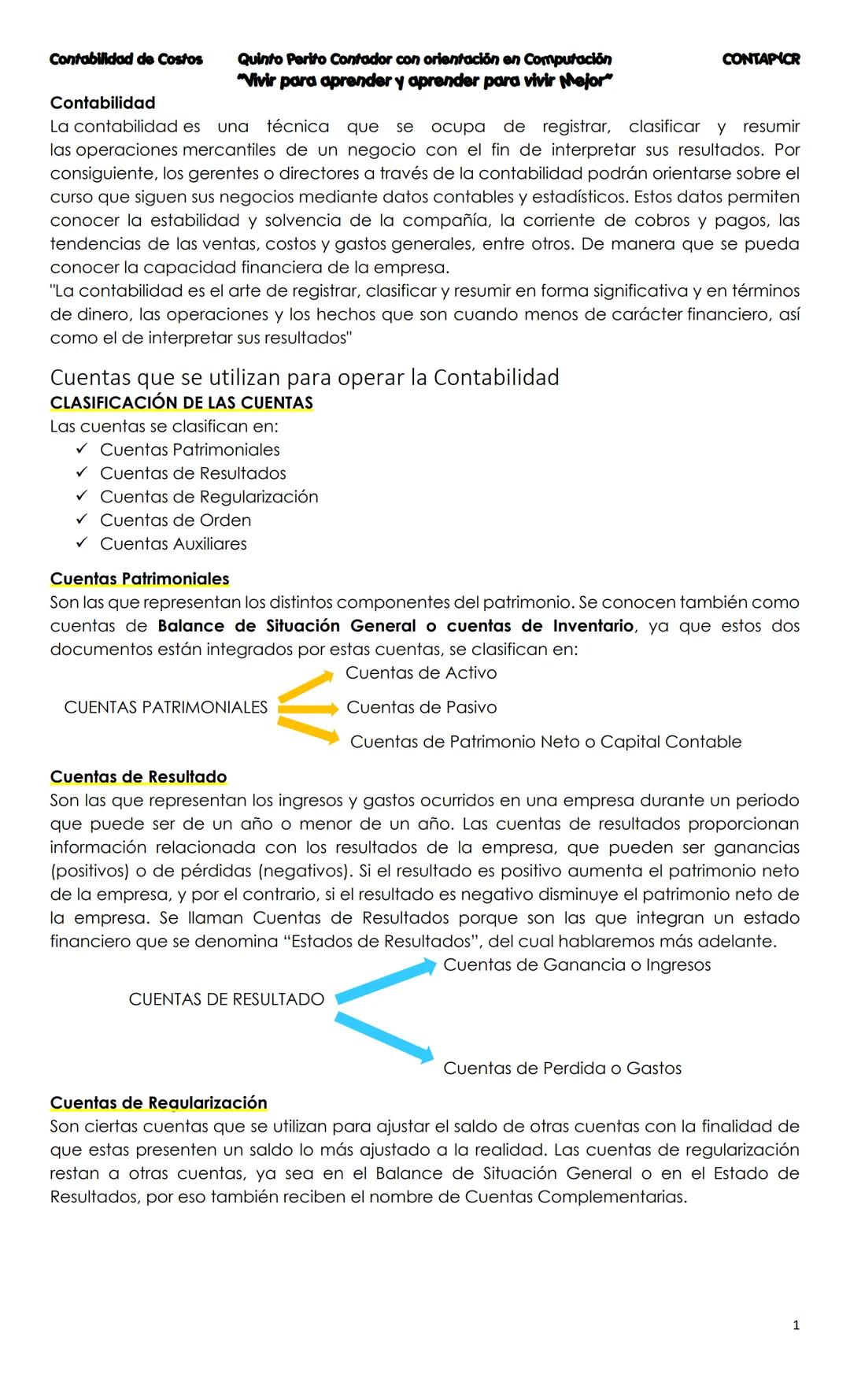 --- OCR Start ---
CONTA
Costos
Primera Unidad
Contenido
Contabilidad
La Cuenta
Cuentas que se utilizan para
operar la Contabilidad
Partes de