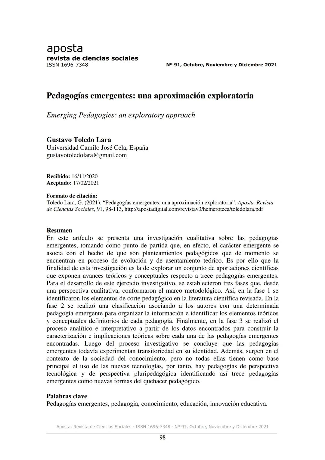 # aposta
revista de ciencias sociales
ISSN 1696-7348
N° 91, Octubre, Noviembre y Diciembre 2021
# Pedagogías emergentes: una aproximación e