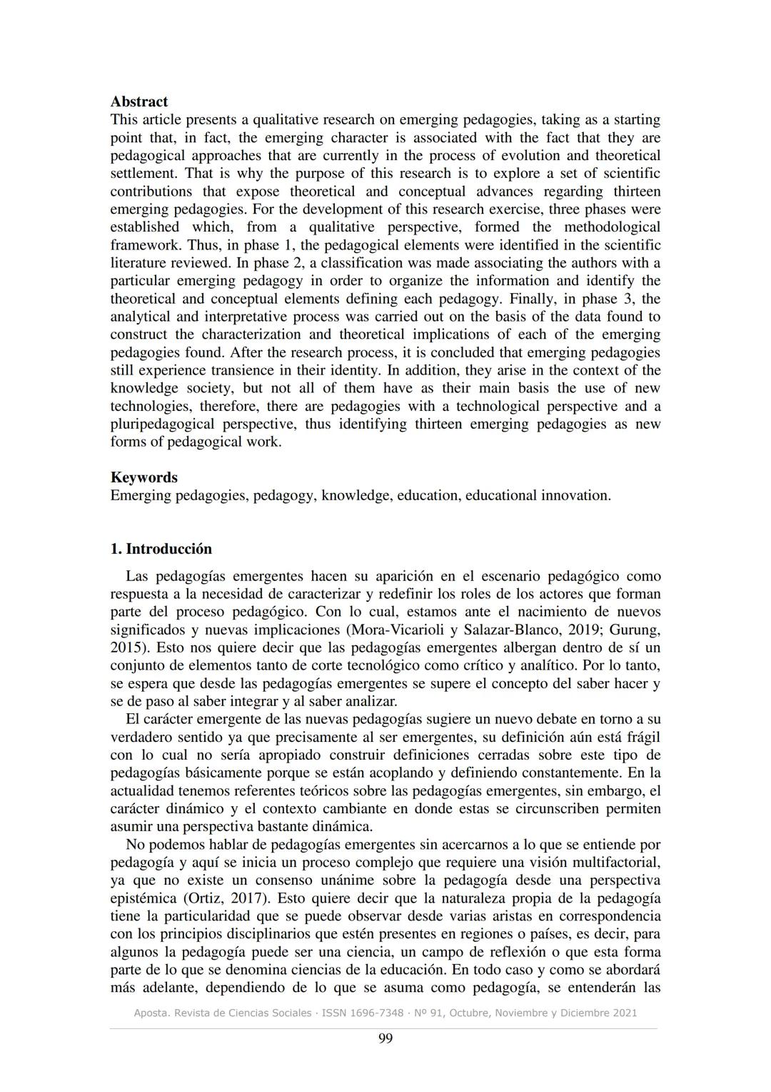 # aposta
revista de ciencias sociales
ISSN 1696-7348
N° 91, Octubre, Noviembre y Diciembre 2021
# Pedagogías emergentes: una aproximación e
