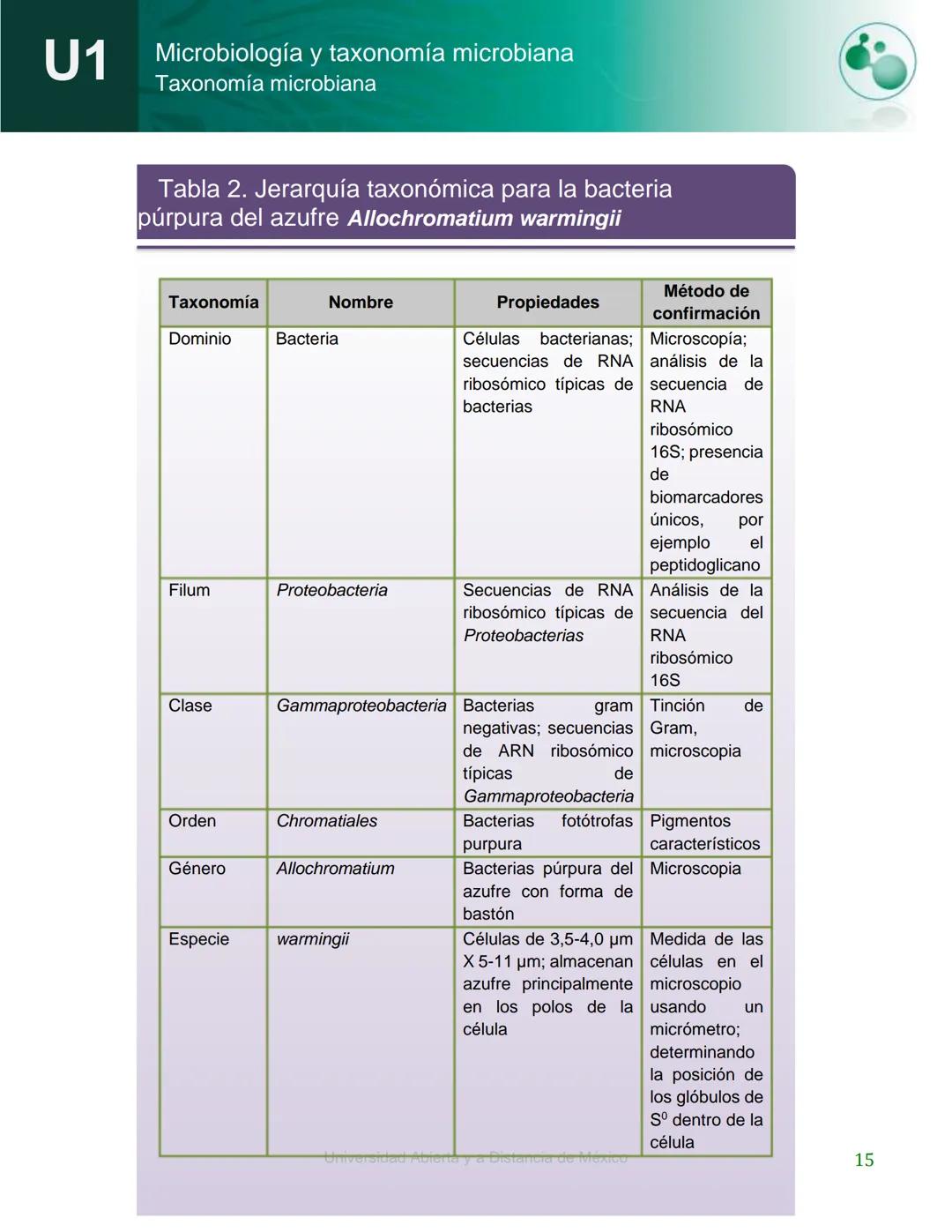 UnADM
UNIVERSIDAD ABIERTA Y
A DISTANCIA DE MÉXICO
Programa de la asignatura:
Microbiología y taxonomía
microbiana
U1 Taxonomía microbiana