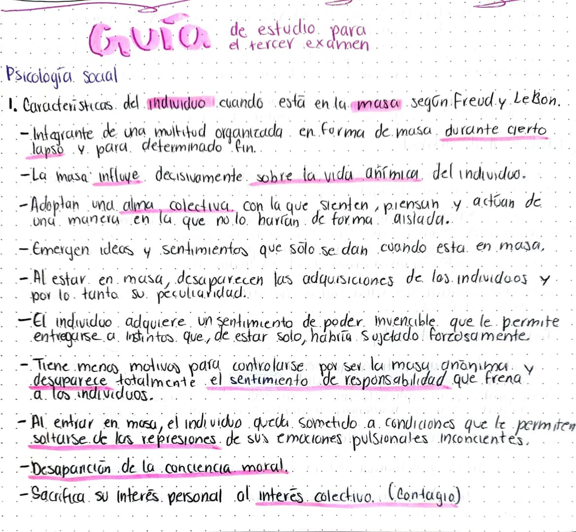 # Guia
de estudio para
el tercer examen
Psicología Social
1. Caracteristicas del individuo cuando esta en la masa segon Freud y Le Bon.
-