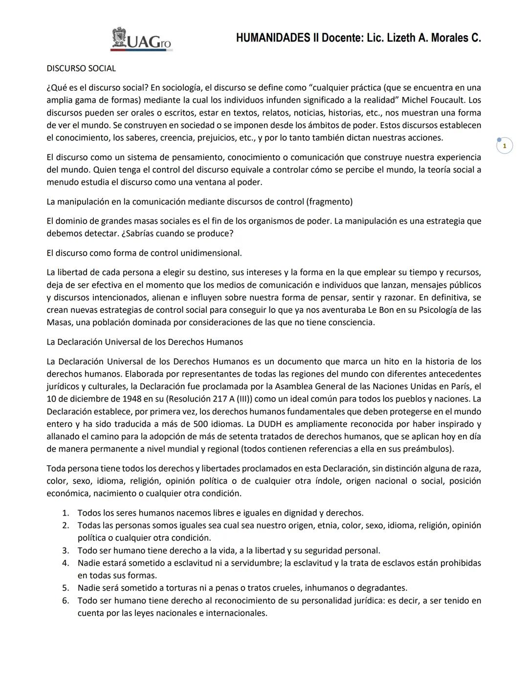 # UAGro
HUMANIDADES II Docente: Lic. Lizeth A. Morales C.
DISCURSO SOCIAL
¿Qué es el discurso social? En sociología, el discurso se defin